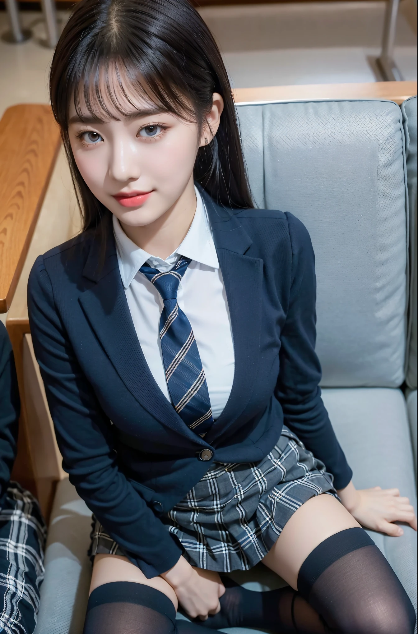 (8K), (highest quality: 1.2), (realistic), (realistic: 1.37), ultra high resolution, 1 girl, cute, smile, closed mouth, beautiful details, beautiful nose, black eyes，beautiful black hair,,giant dulcefo, self snap,University Student Uniform,Sitting on a couch in a fast food restaurant,simple blazer,(gray pleated skirt),(The tie has a tartan check pattern...:1.3), (close up on face),(From above),(Opaque blue knee-high socks:1.2)
