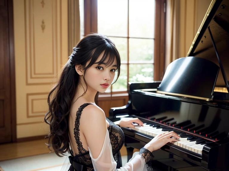 (1 girl)、best quality、masterpiece、ultra high resolution、(Photo realism:1.4)、original photo,there is a woman that is playing a pianoin a room, playing piano, piano家, pianoin the background, (客廳內1 girl面向黑色的piano、Straight, black hair、Delicate hair details)、(客廳內一部黑色piano、Girl fingers on piano keys、Delicate finger details)shadow、octane rendering、8K、Super sharp、(breast、long sleeve、White tulle、portrait、silk pajamas、Delicate silk details)、(Girl playing piano fingers、Very fine finger details) , beautiful woman, Perfectly detailed, mesmerizing and seductive, real pianos, piano, full piano, Beautiful asian girl, Serenity and elegance, Excellent composition, 