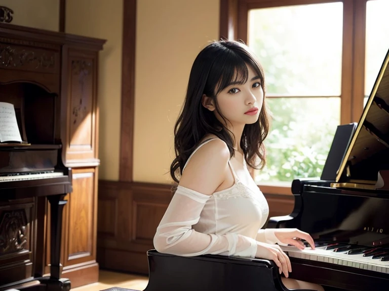 (1 girl)、best quality、masterpiece、ultra high resolution、(Photo realism:1.4)、original photo,there is a woman that is playing a pianoin a room, playing piano, piano家, pianoin the background, (客廳內1 girl面向黑色的piano、Straight, black hair、Delicate hair details)、(客廳內一部黑色piano、Girl fingers on piano keys、Delicate finger details)shadow、octane rendering、8K、Super sharp、(breast、long sleeve、White tulle、portrait、silk pajamas、Delicate silk details)、(Girl playing piano fingers、Very fine finger details) , beautiful woman, Perfectly detailed, mesmerizing and seductive, real pianos, piano, full piano, Beautiful asian girl, Serenity and elegance, Excellent composition,