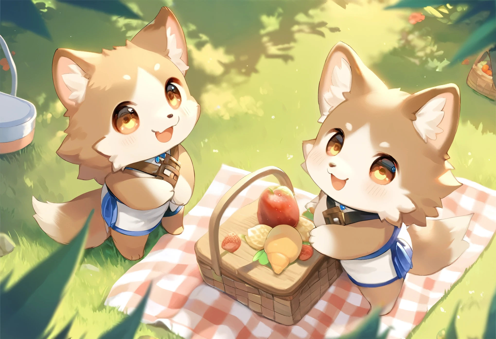 anthro, kemono, male, (chibi:1.2), ((adventure costume)), ((cute)), ((wolf) fluffy fur, fluffy), detailed face, detailed eyes, (close up:1.5), (happy, excited), (at lawn forest:1.5), group shot, detailed background, (high quality, highres, masterpiece), (dynamic lighting, vivid color), (high-angle view:1.1), (picnic:1.5), (evening)
