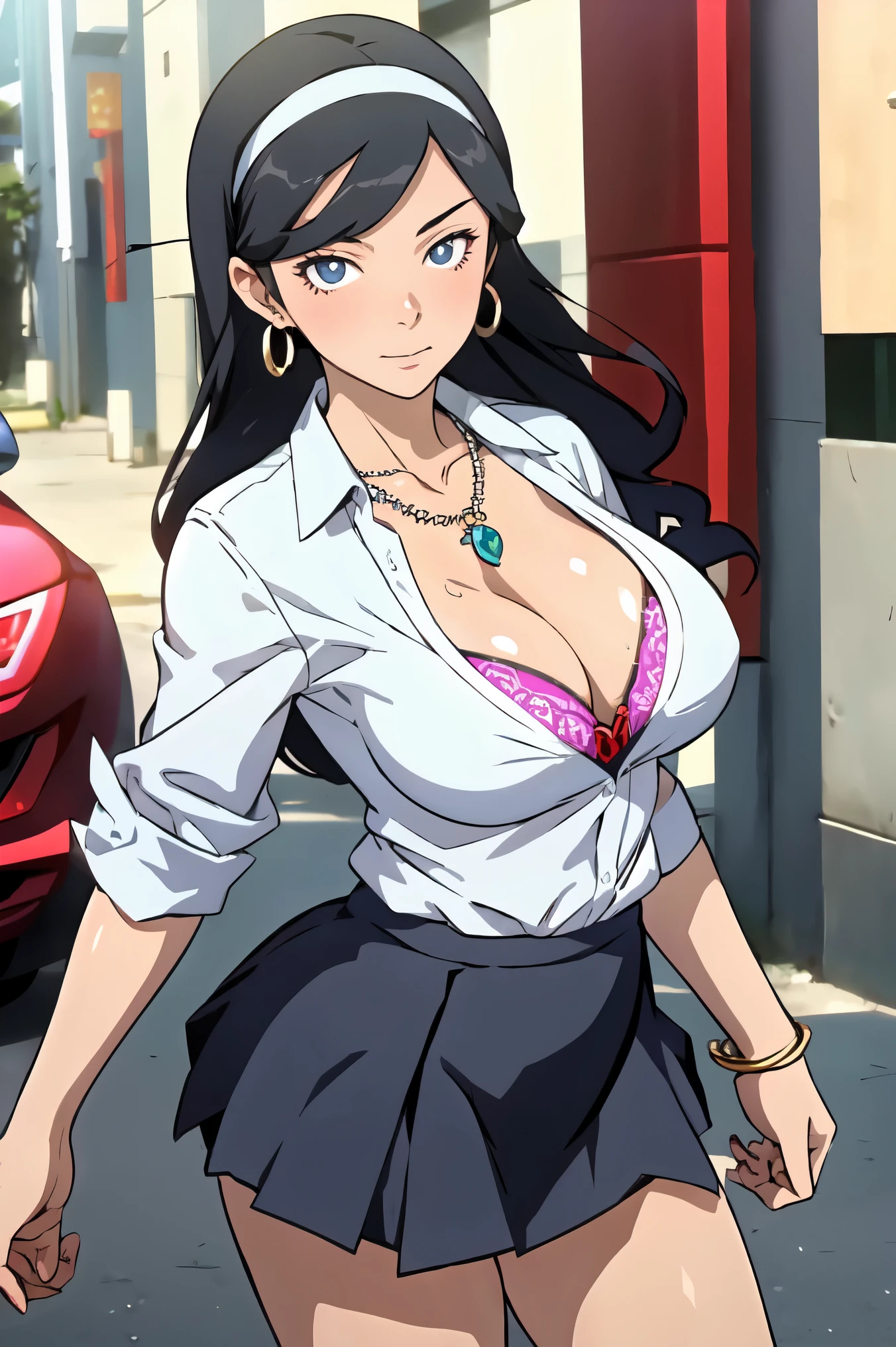 masterpiece, best quality, kumashiro maya, 1girl, solo, breasts, cleavage, long hair, white headband, parted bangs, blue eyes, looking at viewer, sweat, large breasts, business suit, collared shirt, pleated skirt, flashy gyaru, happy, showy,too many accessories, colorful , kogal, kogal gyaru, necklace, earrings, bra peek