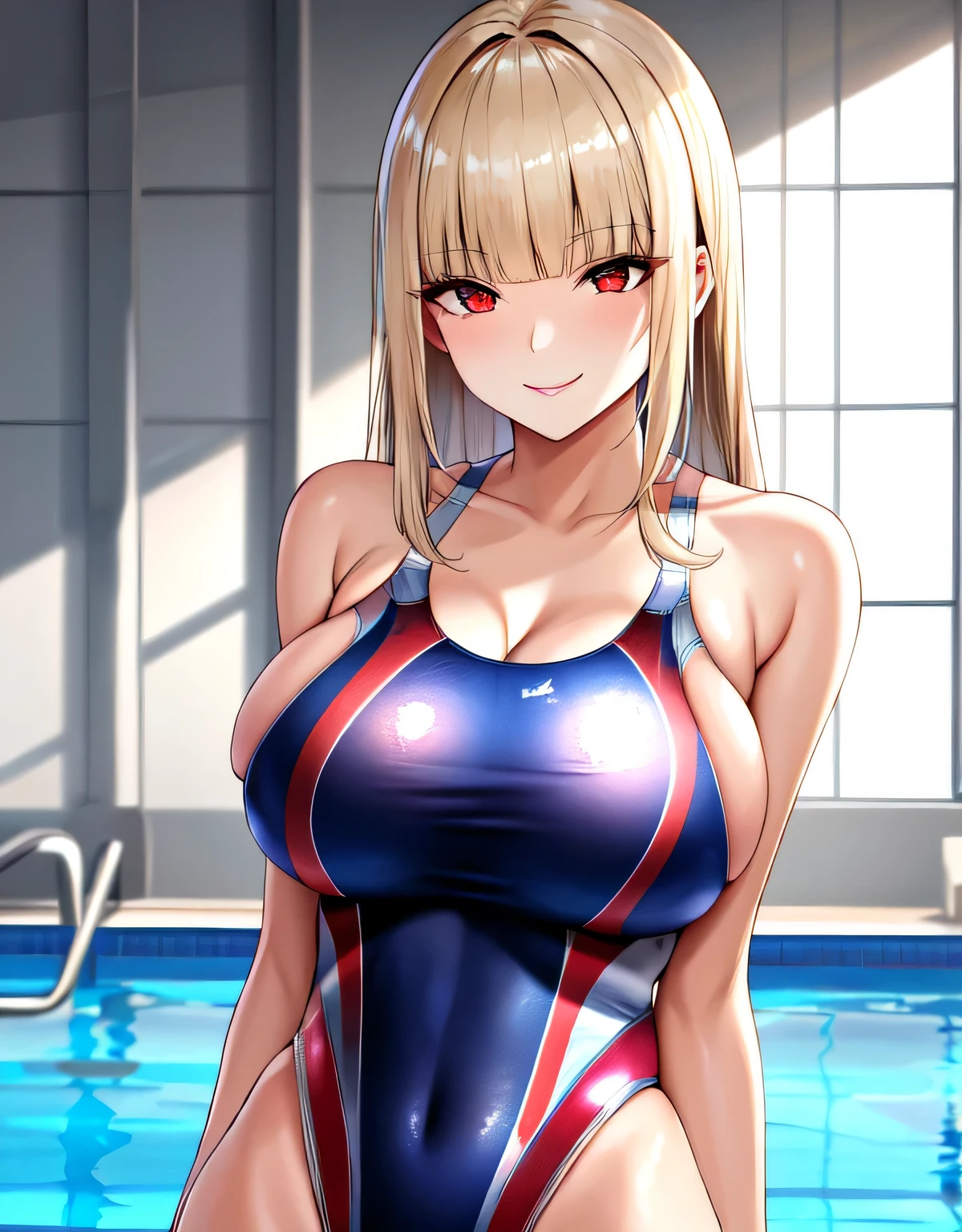 (large breasts:1.5),shiny,hair,((solo)),((masterpiece)),((best quality)),perfect anatomy,slim waist,perfect image,8k UHD,(beautiful detailed eyes:1.5),extremely detailed face,standing,(upper body:1.1),(look at the front:1.1),arms behindback,ultra-detailed,absurdres,highres,(shiny hair),(white blonde hair:1.2),(red eyes:1.2),indoor pool,((blunt bangs)),((sensitive smile)),semi-long hair,(shiny Competition swimsuit:1.5),