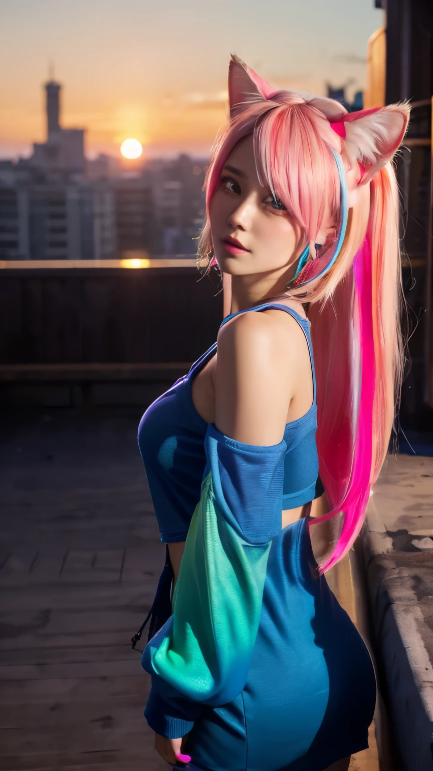 park,dressed, cleavage,flirting on camera,(photo realistic:1.4), (hyper realistic:1.4), (realistic:1.3),(smoother lighting:1.05), (increase cinematic lighting quality:0.9), 1girl, 18yo girl, (long pink hair, (multicolored) blue red yellow rainbow hair:1.6),realistic lighting, backlighting, light on face, sun shining, shiny skin, sun flare,(blue eyes:1.4),(brightening light:1.2), (Increase quality:1.4),(best quality real texture skin:1.4), finely detailed eyes, finely detailed face,(tired and sleepy and joy), face closeup, t-shirts,(Increase body line mood:1.2), (Increase skin texture beauty:1.2)