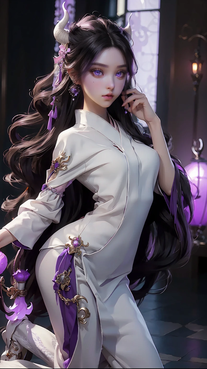 8K, realistic, Ultra High Definition, Super detailed, young girl of 18 years, Shiny detailed hair, purple eyes, large eyes, dragon ears, detailed and shiny eyes, detailed face, beautiful lips, dragon aesthetic, fantasy landscape, solo, looking at viewer, {{best quality}}, {{masterpiece}}, {{ultra-detailed}}, {detailed light}, black hair, long hair, purple dragon horns, beautiful earrings, beautiful, skinny body, white skin, kimono, futuristic and brightly colored sneakers, suggestive