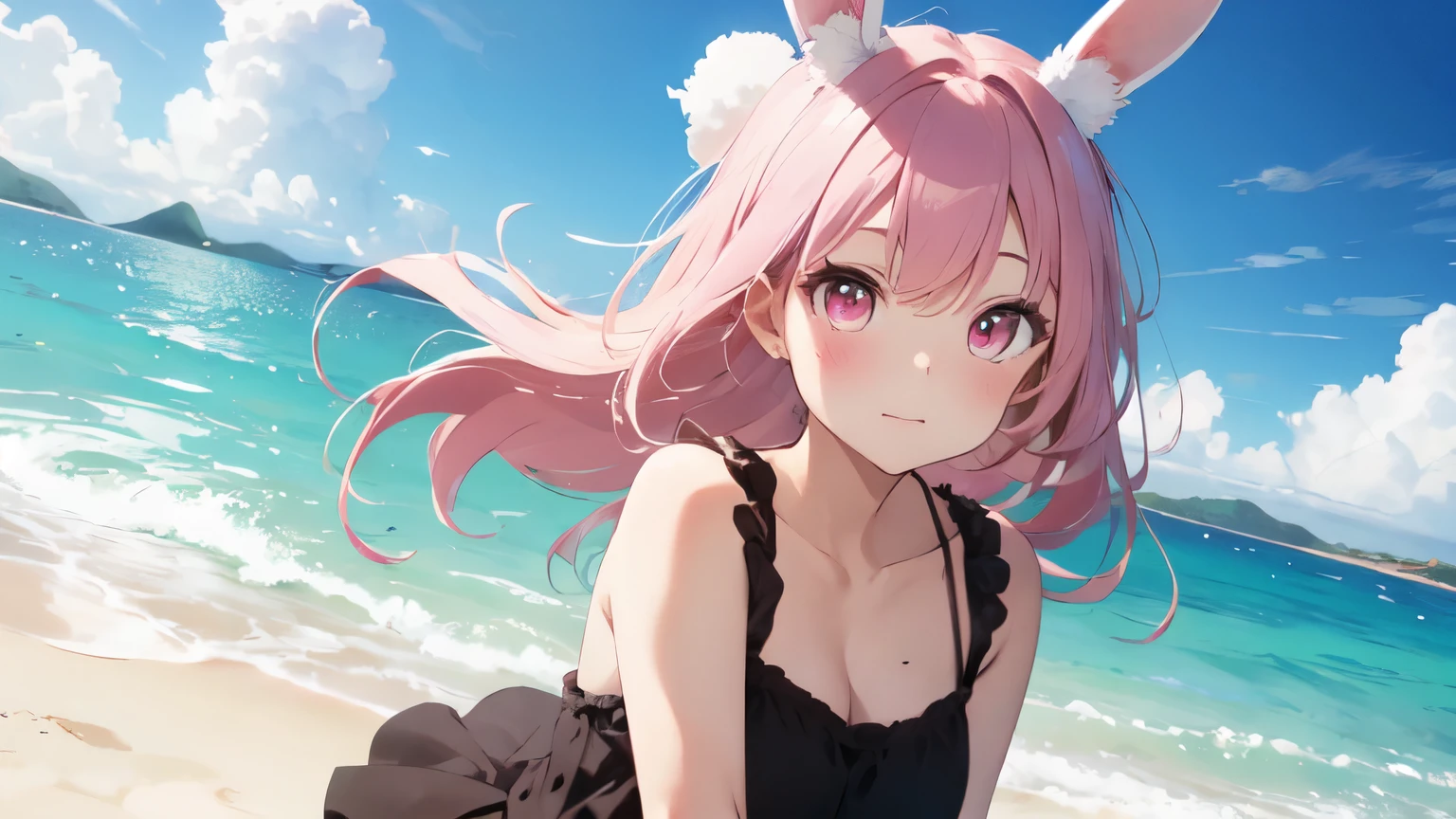 highest quality, pretty girl, pastel colour, fluffy rabbit ears, pink long hair,light pink eyes,sandy beach,deserted island