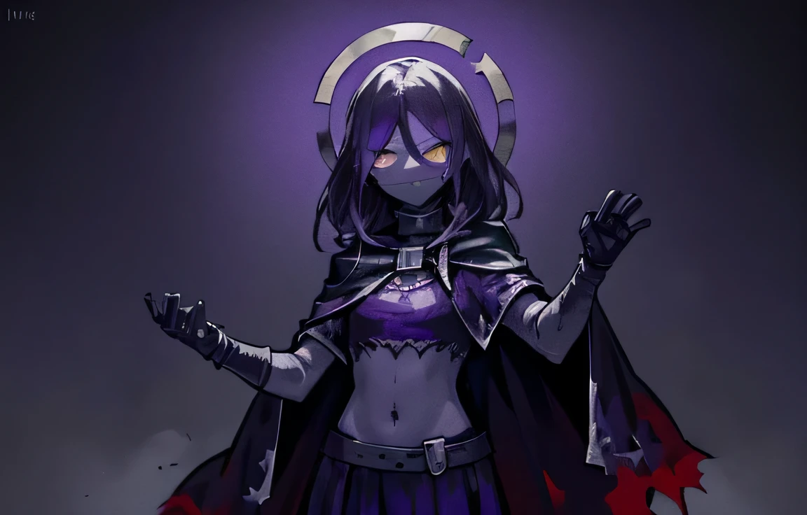 (((darkest dungeon style))), demon girl, ((very black dark purple skin)), (hands raised high above hand), dark afflicted grin, dark deep purple skin, purple skin, dark hair, messy hair, ((very less clothes)), (minimal clothing), short clothing, open hips, open belly, (dark red and black lighting), cold lights, highly detailed art, extremely detailed