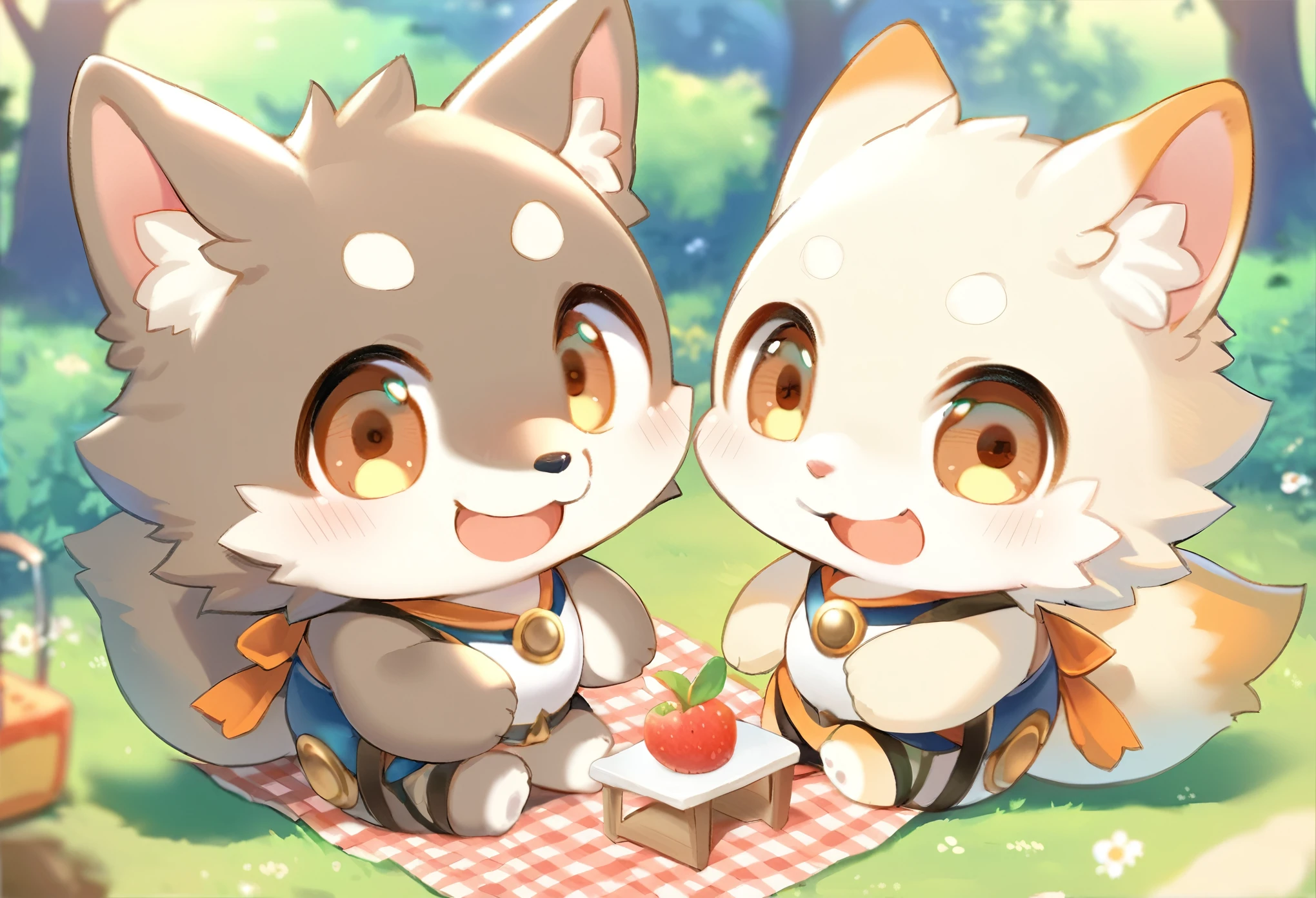 anthro, kemono, male, (chibi:1.2), ((adventure costume)), ((cute)), ((wolf) fluffy fur, fluffy), detailed face, detailed eyes, (close up:1.5), (happy, excited), (at lawn forest:1.5), group shot, detailed background, (high quality, highres, masterpiece), (dynamic lighting, vivid color), (high-angle view:1.1), (picnic:1.5), (evening)
