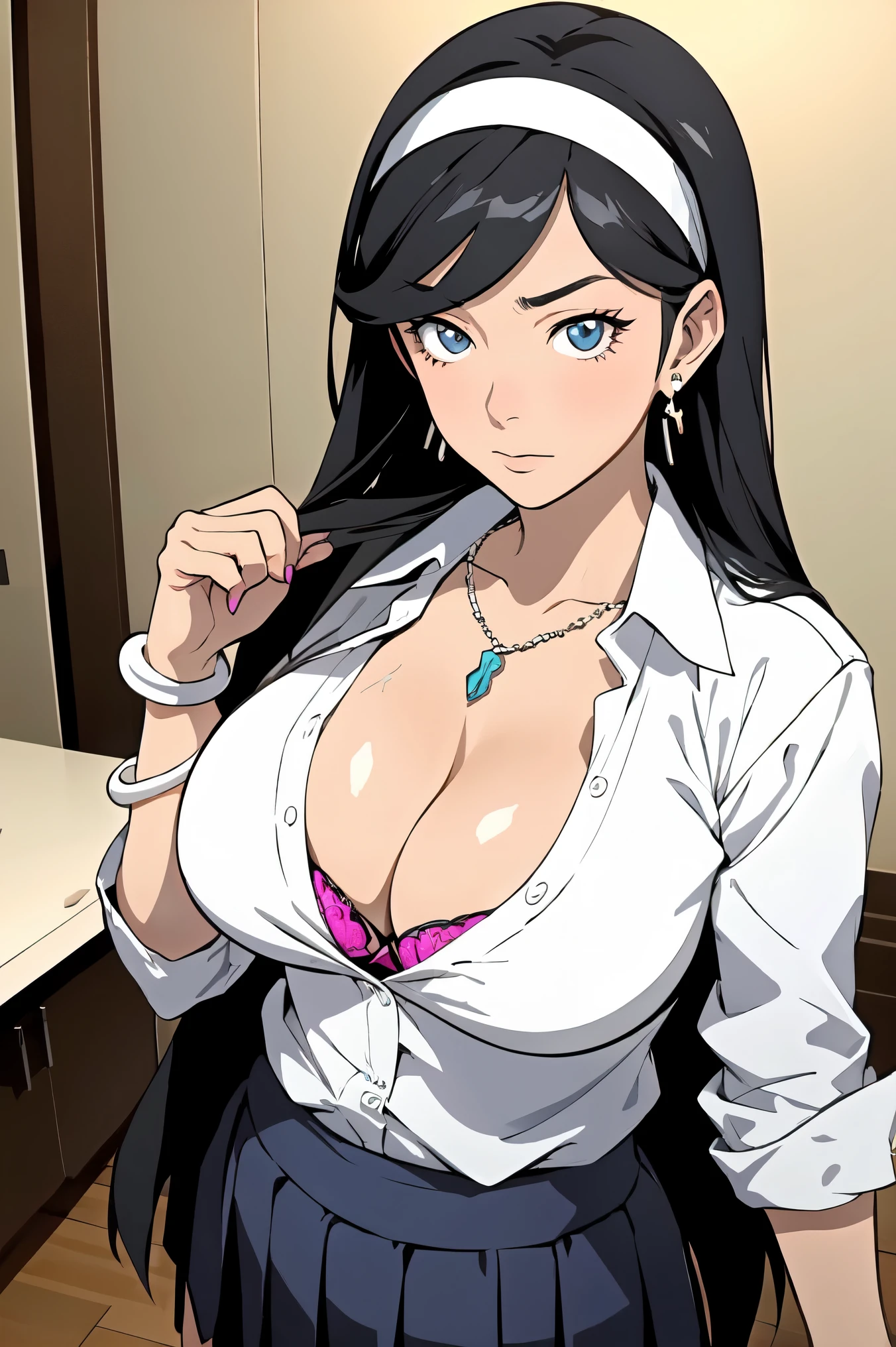 masterpiece, best quality, kumashiro maya, 1girl, solo, breasts, cleavage, long hair, white headband, parted bangs, blue eyes, looking at viewer, sweat, large breasts, business suit, collared shirt, pleated skirt, flashy gyaru, happy, showy,too many accessories, colorful , kogal, kogal gyaru, necklace, earrings, bracelet, bra peak, (makeup)