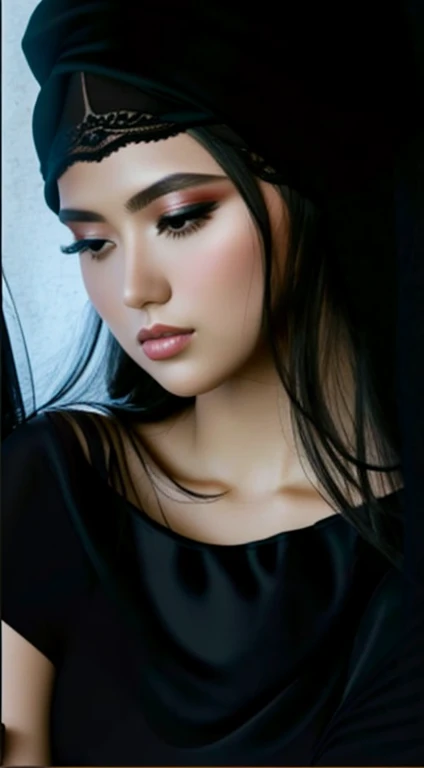 there is a woman that is wearing a black hat and a black shirt, 20 years old, 28 years old woman, 3 0 years old woman, 2 2 years vold, 2 7 years old, 2 3 years old, 1 6 years old, 21 years old, 2 8 years old, real ungine, cindy avelino, 1 8 yo. Use a head covering. Elegant black silk veil, luxuriously carved in silver and gold. Beautiful, elegant clothes, silk decorated with silver and gold thread embroidery. Beautiful clothes. Gold thread. France.