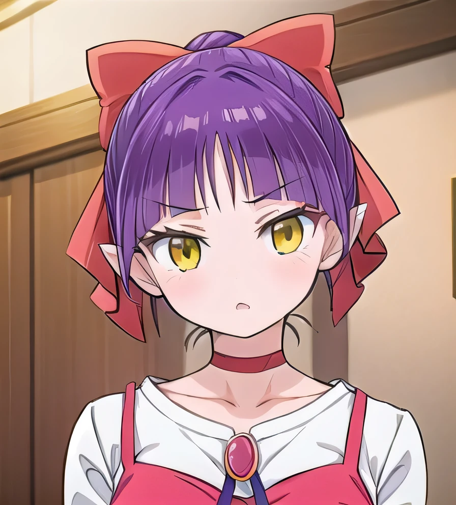 nmm1, nekomusume, nekomusume \(gegege no kitarou 6\), 1girl, purple hair, yellow eyes, solo, red dress, red choker, hair bow, pointy ears, short hair, white shirt, long sleeves, red bow, bangs, collarbone, brooch, jewelry