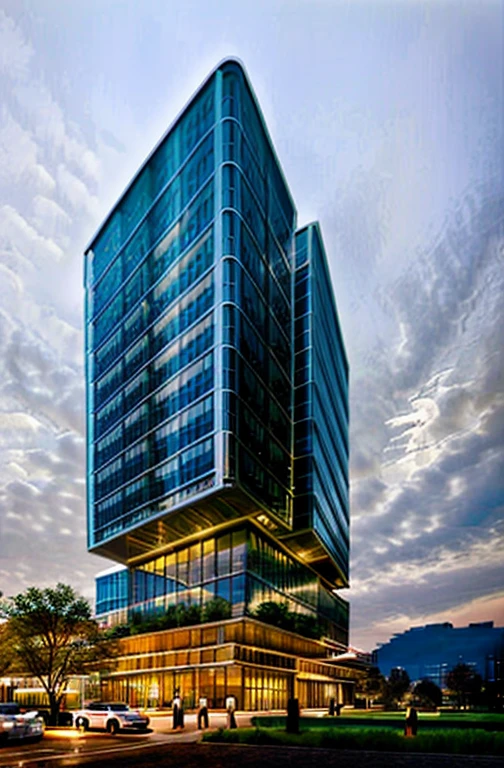 (((exterior of highrise OFFICE building))),  Raw photo,Masterpiece, high quality, best quality, authentic, super detail, exterior, outdoors, clear sky, night time, warm lighting, (plenty of high trees in front of building and surrounding:1.1), RAW Photo, RAW texture, Super Realistic, 32K UHD, DSLR, soft lighting, high quality, film rating, Fujifilm XT3