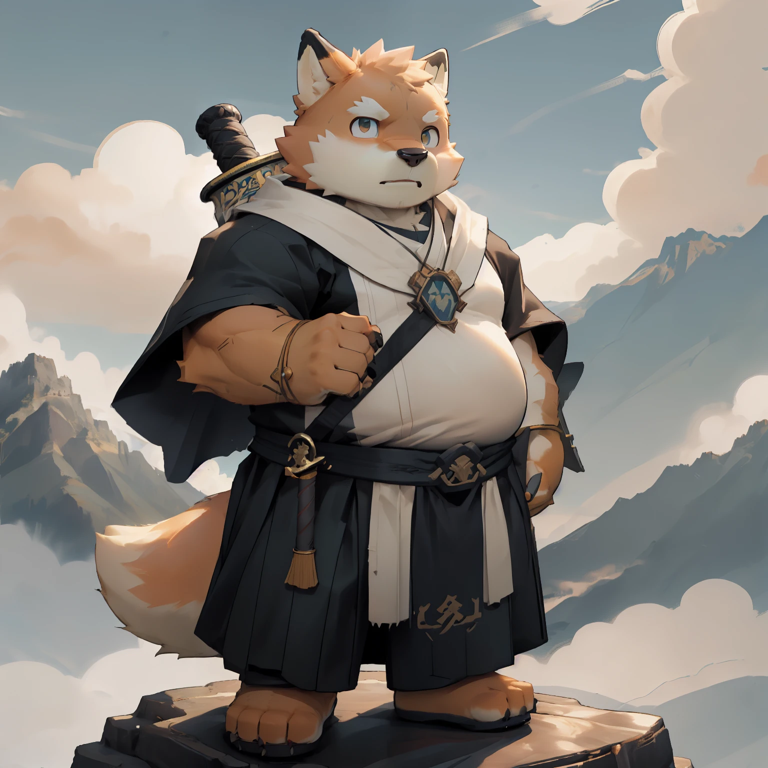 New Jersey 5 Hairy, fox,Full body portrait of an individual, male,exquisite, chubby,thick arms,Orange plush fur,Mountain Top,Cloud,shrouded in mist,Monk,全套Xian Xia服装,Cultivation,Xian Xia,Sword and Fairy