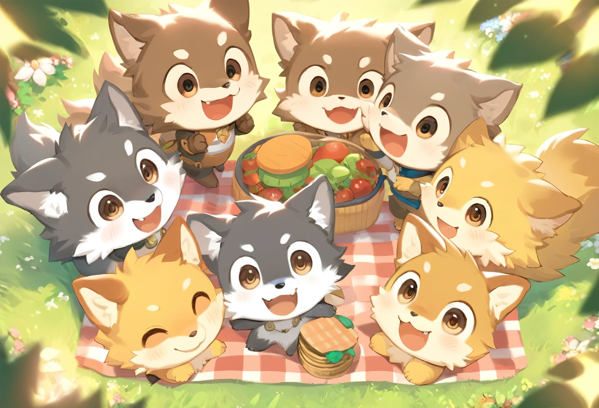 anthro, kemono, male, (chibi:1.2), ((adventure costume)), ((cute)), ((wolf) fluffy fur, fluffy), detailed face, detailed eyes, (close up:1.5), (happy, excited), (at lawn forest:1.5), group shot, detailed background, (high quality, highres, masterpiece), (dynamic lighting, vivid color), (high-angle view:1.1), (picnic:1.5), (evening), ((cartoon))