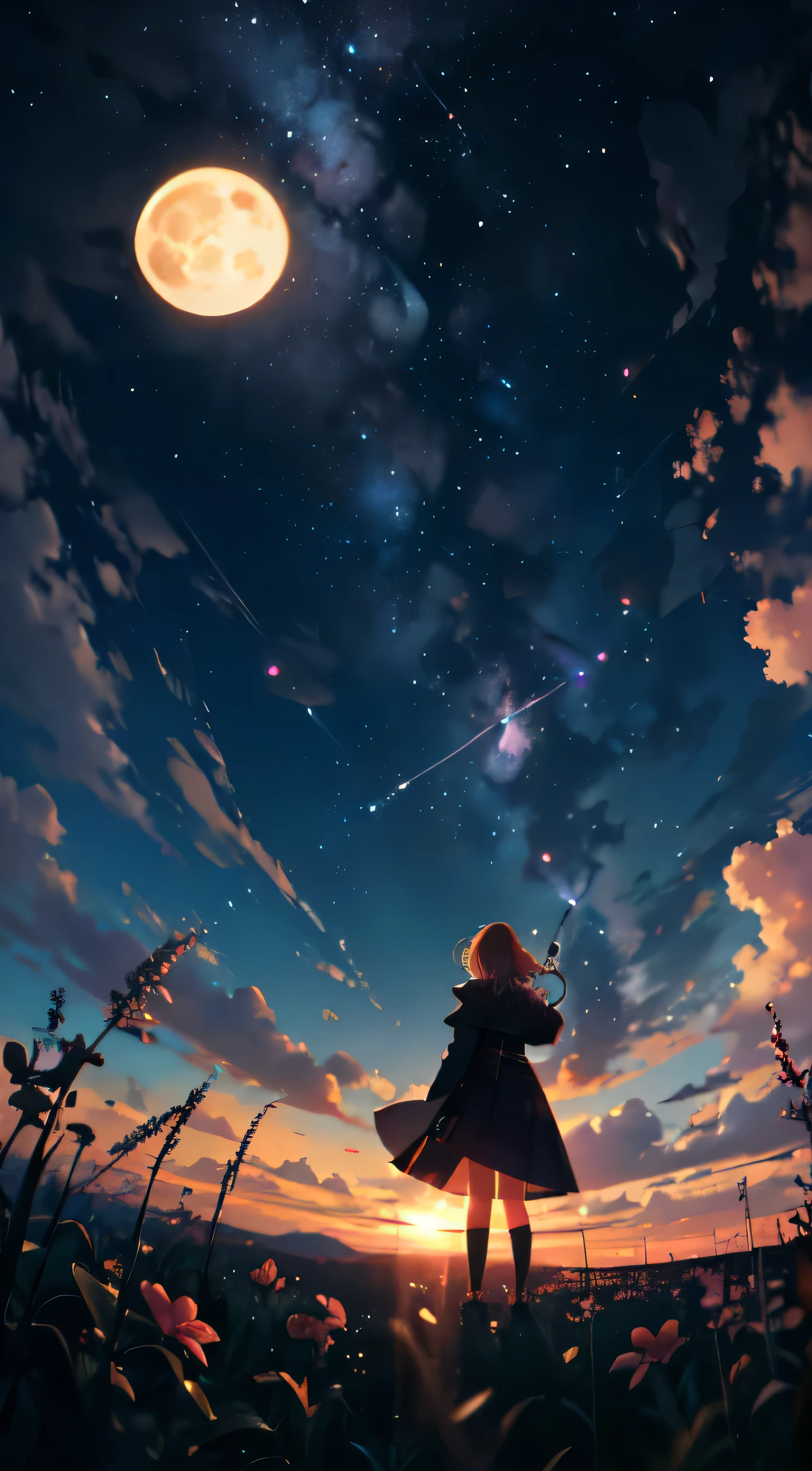 Vast landscape photos, (from below, the sky above, open fields below), a girl standing on a flower field looking up, characters 0.6 (Full Moon: 1.2), (meteors: 0.9), (Nebula: 1.3), distant mountains, trees BREAK Making art, (warm light source: 1.2), (Firef...
