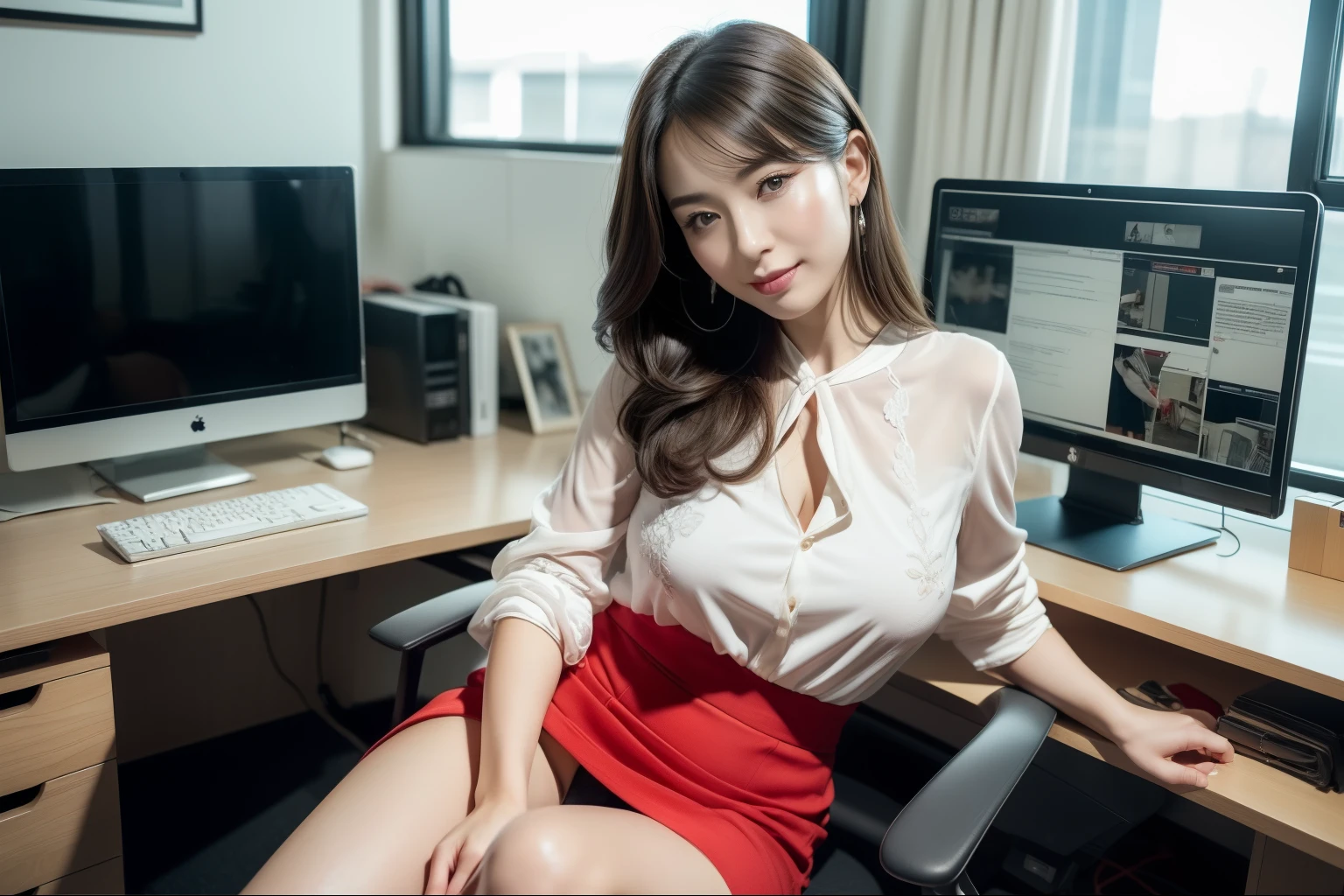 1girl,((highest quality, 8K, Representative works in detail, ultra high resolution)), (Group photo),(looking at the viewer),Red tight skirt suit, D cup breasts、Seduce me by sitting on the office desk with my legs spread in an M shape and showing my panties 、(full shot:), 40 generation women, fascinating look, 、sitting at the office desk, smile, CEO's Office,Beautiful eyes with high bilateral symmetry, (highly detailed eyes:1.4), (high resolution black eyes:1.1), intimate face, (Super detailed skin texture:1.4), white skin, white skin, perfect anatomy、force someone to sign a contract