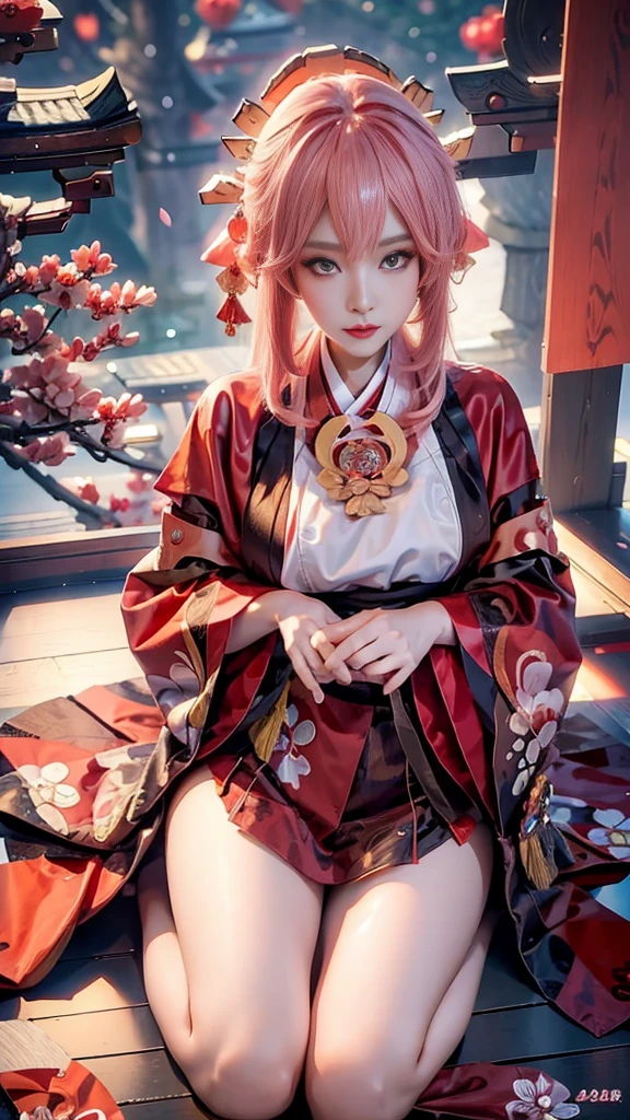 1girl, (ulzzang-6500:0.7), kpop idol, yae miko, detached sleeves, bare shoulders, pink hair, long hair, japanese clothes, best quality, (painting:1.5), (hair ornament:1.35), jewelry, purple eyes, earrings, breasts, torii, cherry blossoms, lantern light, depth of field, detailed face, face focus, ribbon_trim, (looking at viewer:1.25), nontraditional miko, shiny skin, long sleeves, smile, thick lips, game cg, hands on lips, east asian architecture, (blurry background:1.2), sitting, upper body, perfect hand, <lora:YaeMiko_Test:0.8>, kkw-ph1, <lora:epi_noiseoffset2:1> <lora:LORA-XenoDetailer-v2:1>