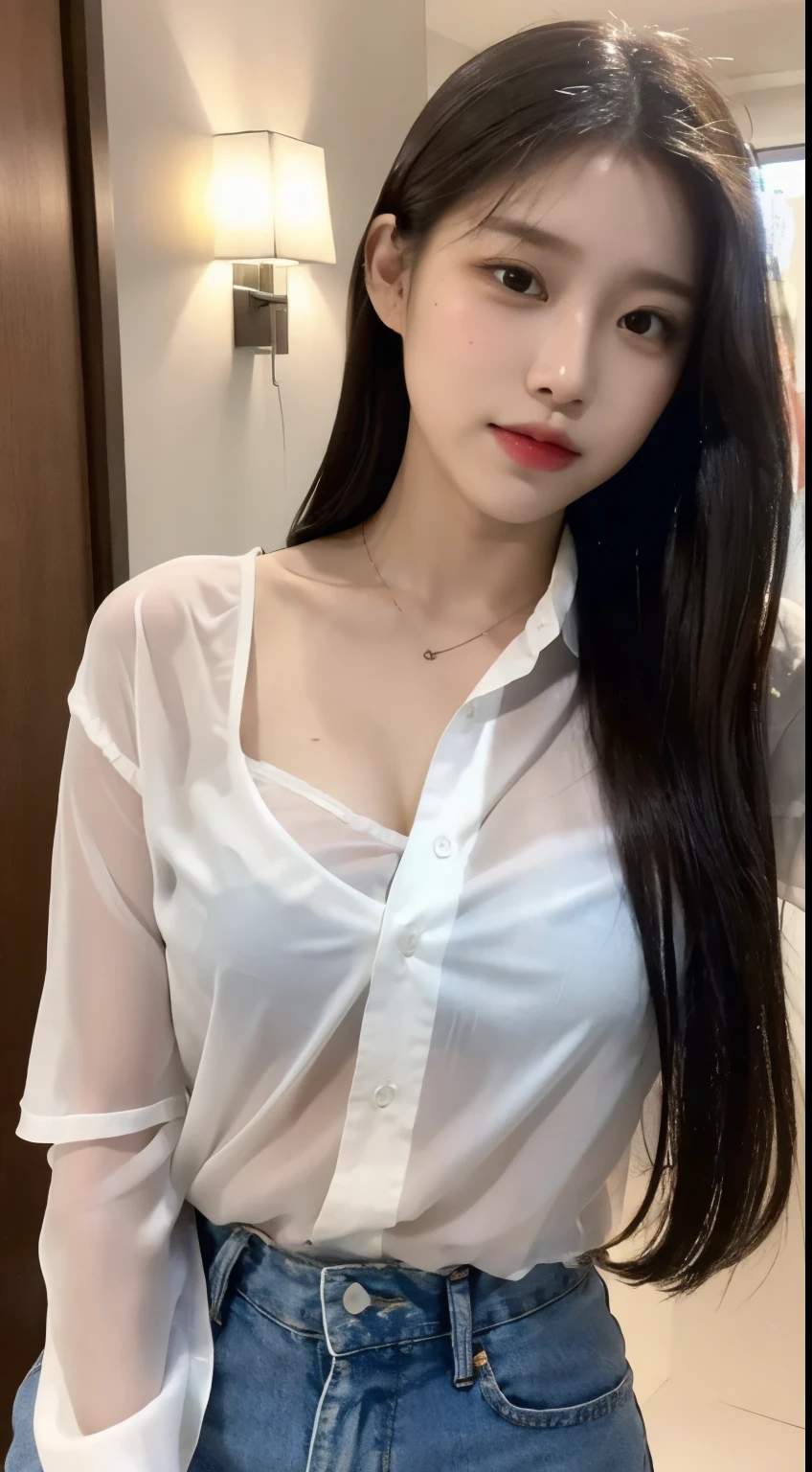 (Large breast:1.4),(open shirt:1.4),(Best quality,masterpiece,ultra high res,(photorealistic:1.4),1girl,(:1.4),(partially unbuttoned:1.5),