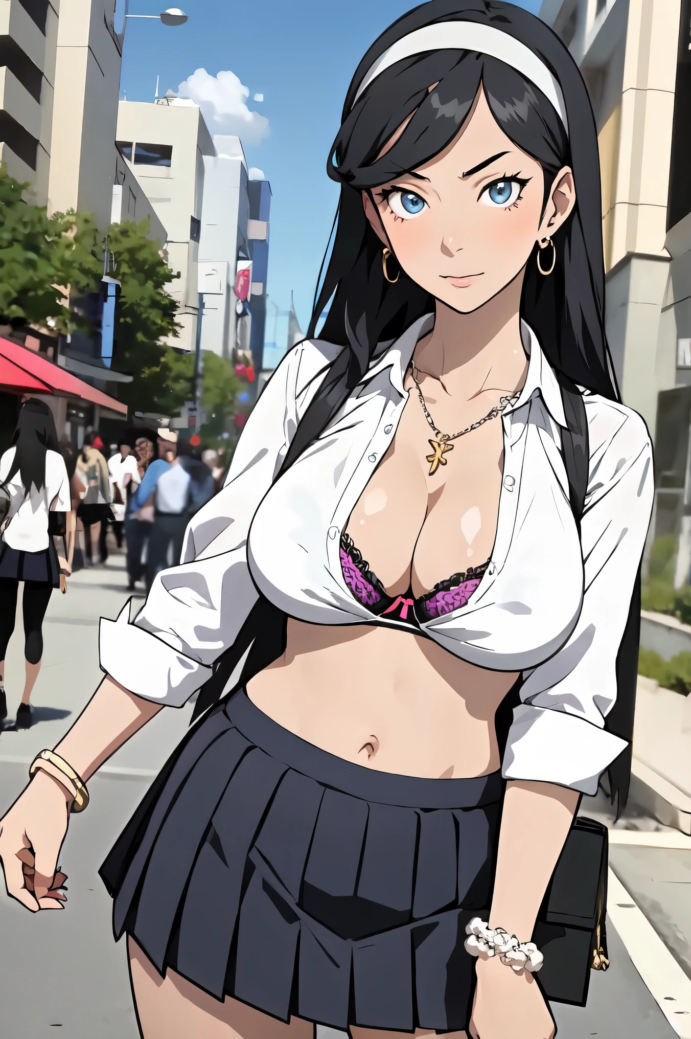 masterpiece, best quality, kumashiro maya, 1girl, solo, breasts, cleavage, long hair, white headband, parted bangs, blue eyes, looking at viewer, sweat, large breasts, collared shirt, pleated skirt, flashy gyaru, happy, showy,too many accessories, colorful , kogal, kogal gyaru, necklace, earrings, bracelet, bra handbag, navel, midriff, (makeup)