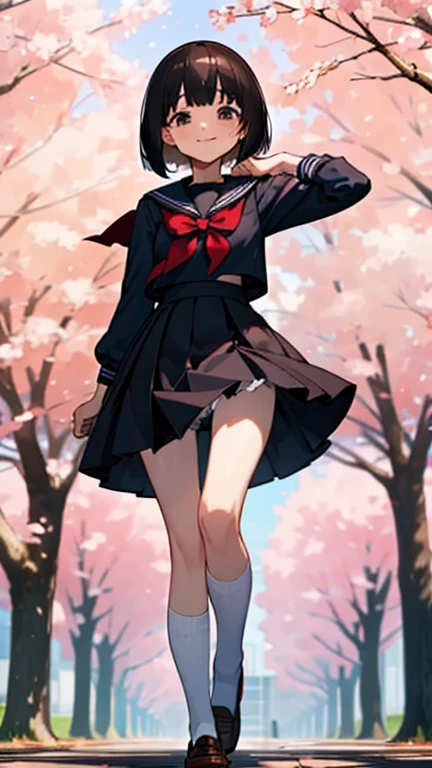 Knees,Curtsey,lift up one's skirt,,(masterpiece,Highest Quality),(shortsleeves,sailor uniform),smile,Round eyes,A dark-haired,Semi-long bob,bare-legged,cherry trees,undergarment