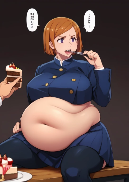 (masterpiece, best quality), 1girls, big belly, blurry background, huge belly, art by kipteitei, round belly, chubby, curvy, short cut hair, brown hair, ripped shirt, skirt, thighhighs, simple_background, gradient_background, belly bursting out of (((black school uniform))), long sleeves, enormous belly, fat belly, thicc, bigger belly, really big belly, jiggly belly, giant huge belly, big enormous belly, ((((gigantic belly)))), bloated belly, fat belly, ginormous big belly, expanding big belly, sfw, safe for work, sitting on bed, sfw (safe for work), nobara kunisaki, (((a person out of frame is feeding her a bite of cake on a fork, she has her mouth open wide for the cake to go))), sweating, blushing, (mouth open wide, tongue out, she is saying aaah)