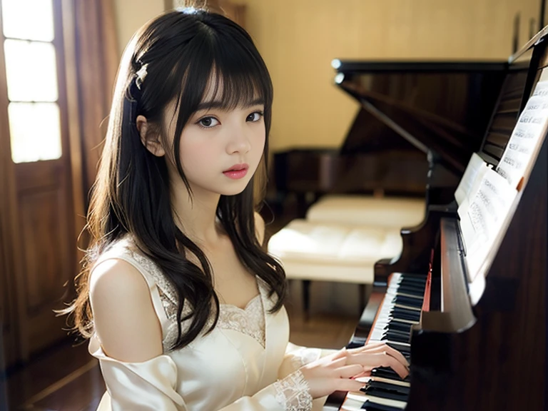 (1 girl)、best quality、masterpiece、ultra high resolution、(Photo realism:1.4)、original photo,there is a woman that is playing a pianoin a room, playing piano, piano家, pianoin the background, (客廳內1 girl面向黑色的piano、Straight, black hair、Delicate hair details)、(客廳內一部黑色piano、Girl fingers on piano keys、Delicate finger details)shadow、octane rendering、8K、Super sharp、(breast、long sleeve、White tulle、portrait、silk pajamas、Delicate silk details)、(Girl playing piano fingers、Very fine finger details) , beautiful woman, Perfectly detailed, mesmerizing and seductive, real pianos, piano, full piano, Beautiful asian girl, Serenity and elegance, Excellent composition,