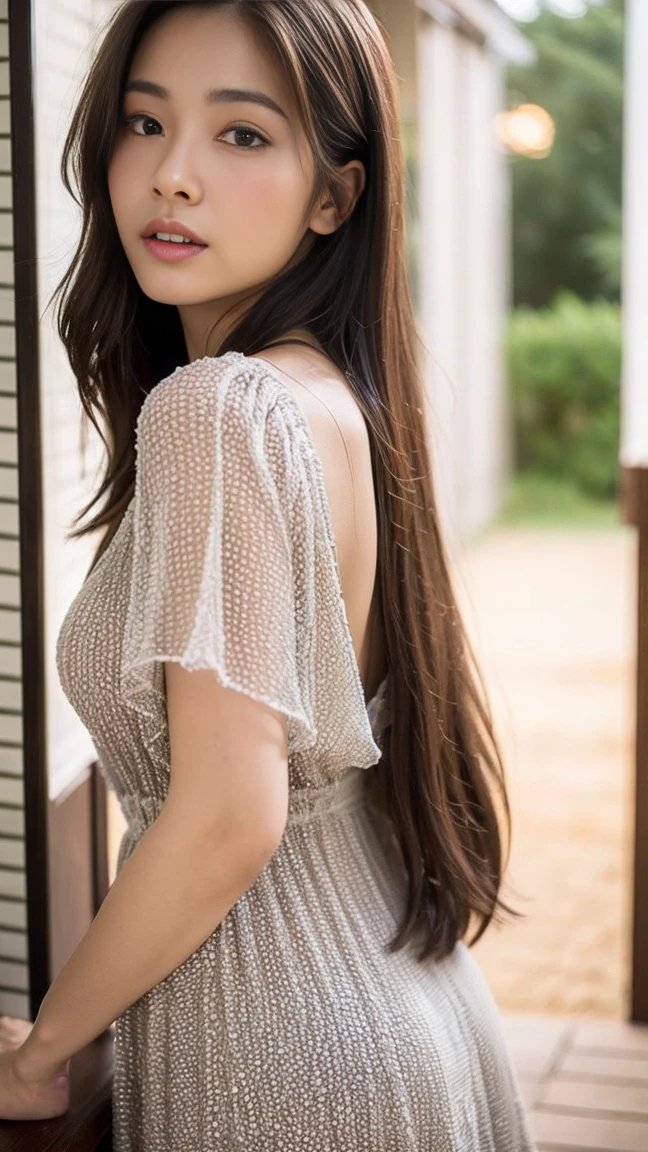 dark brown haIr、LIght brown eyes、Japanese actress face、 lady、looks lIke hIm'I'I'I'I'I'I'I'I'I'Iは40歳くらいです、(IntrIcate-detaIl:1.2)、(top-qualIty:1.4)、 (超A hIgh resolutIon:1.2)、超A hIgh resolutIon、(A detaIled eye)、(detaIled facIal features)、nffsw、8K resolutIon、(D cup size breasts)、long hair、sunset、sunsetが見える砂浜、beautiful feet、Loose dress 、people look small、I turn around and look back at me、A masterpiece of transparent painting、