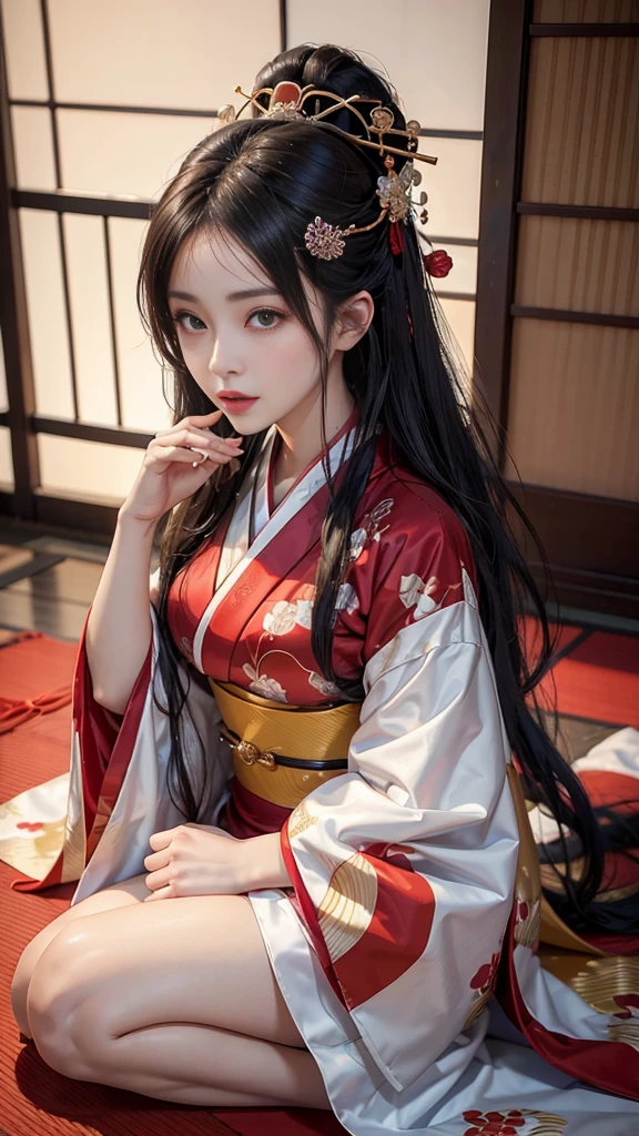 araffed asian woman in kimono sitting on the floor, in kimono, japanese goddess, in a kimono, seductive anime girl, beautiful alluring anime woman, glamorous and sexy geisha, traditional beauty, anime girl cosplay, elegant glamourous cosplay, organic seductive geisha, japanese model, kimono, wearing kimono, russian and japanese mix, sexy pose, very sexy outfit