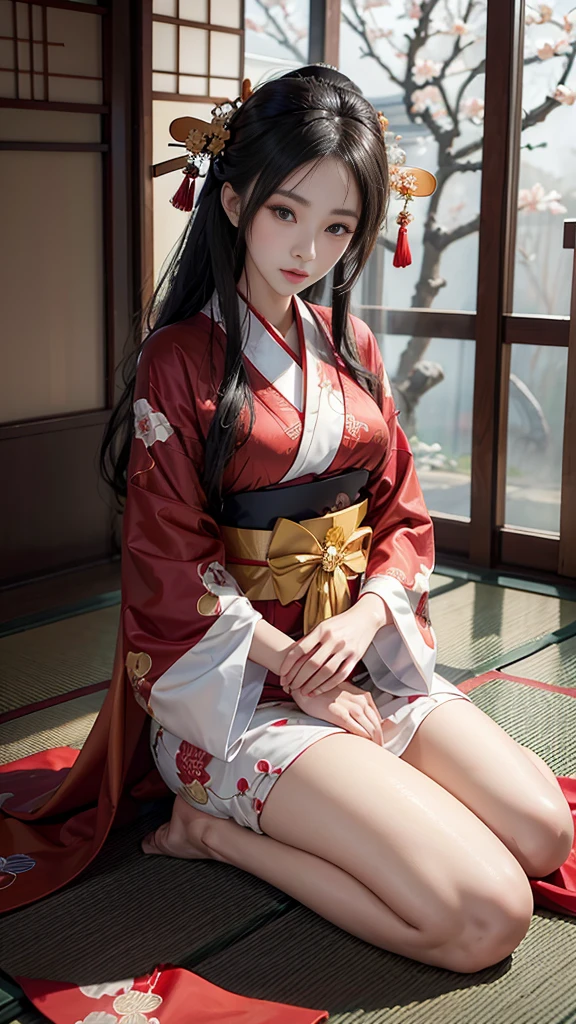 araffed asian woman in kimono sitting on the floor, in kimono, japanese goddess, in a kimono, seductive anime girl, beautiful alluring anime woman, glamorous and sexy geisha, traditional beauty, anime girl cosplay, elegant glamourous cosplay, organic seductive geisha, japanese model, kimono, wearing kimono, russian and japanese mix, sexy pose, very sexy outfit