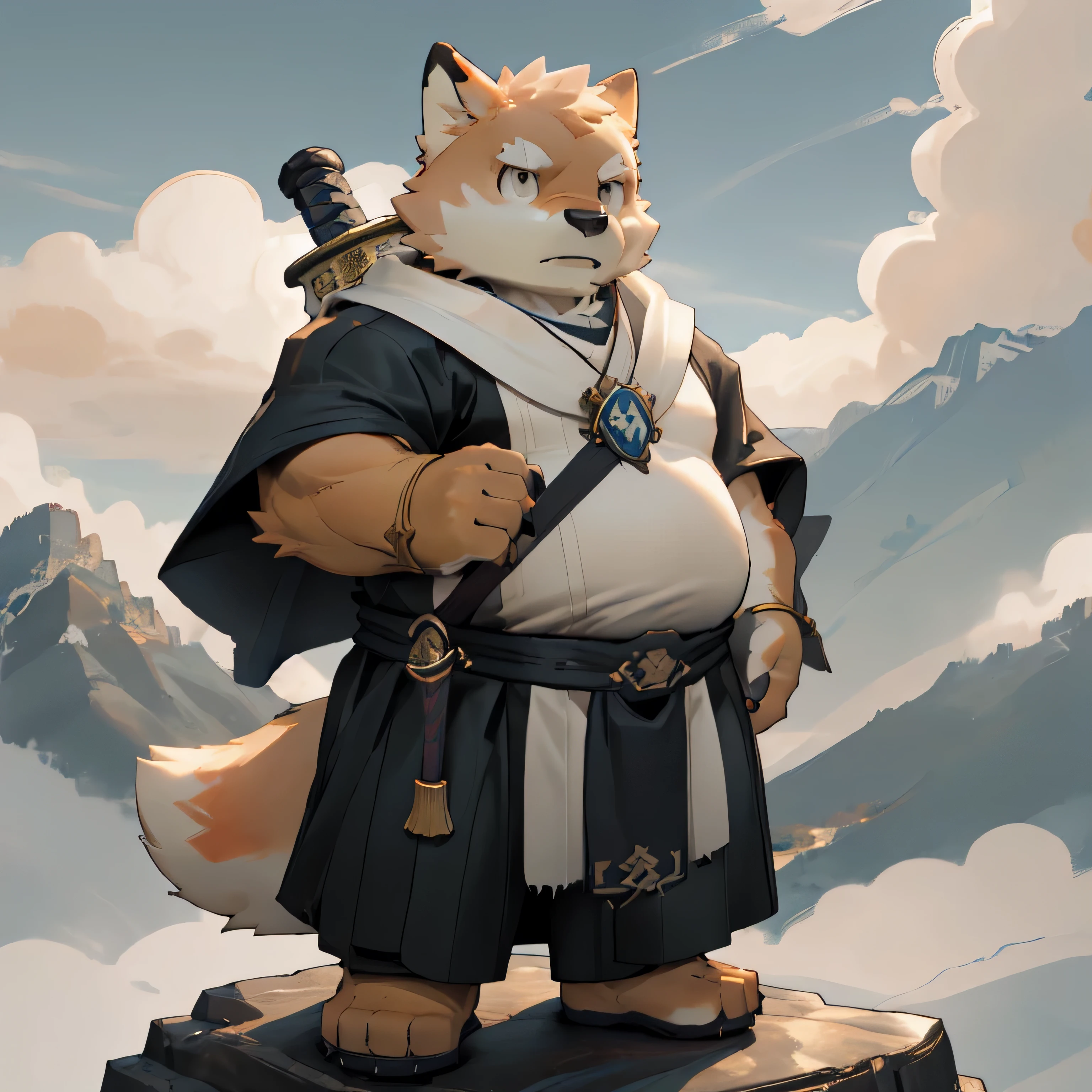 New Jersey 5 Hairy, fox，Full body portrait of an individual, male,exquisite， chubby，thick arms，Orange plush fur，Mountain Top，Cloud，shrouded in mist，Monk，Full set of Xian Xia clothing，Cultivation，Xian Xia，Sword and Fairy