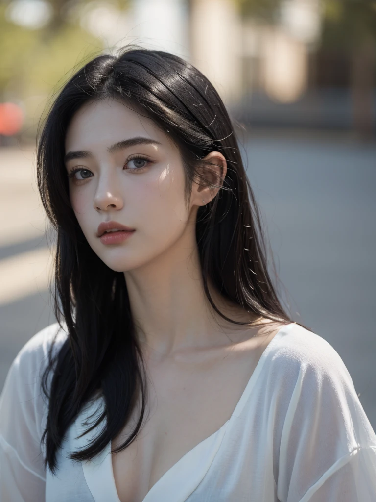 ( masterpiece, top quality, best quality,8k,17 years old girl,ultra detailed,raw photo:1.5),(photorealistic:1.4), (black hair:1.5), (cinematic lighting), PerfectNwsjMajic, , Surrealism, UHD, ccurate, Super detail, textured skin, High detail, Best quality, dynamic angle, White skin,[Beautiful blue eyes], high nose,[flat chest:large breasts:0.5],(1girl),(good anatomy:0.5)),(Portrait:1.5)