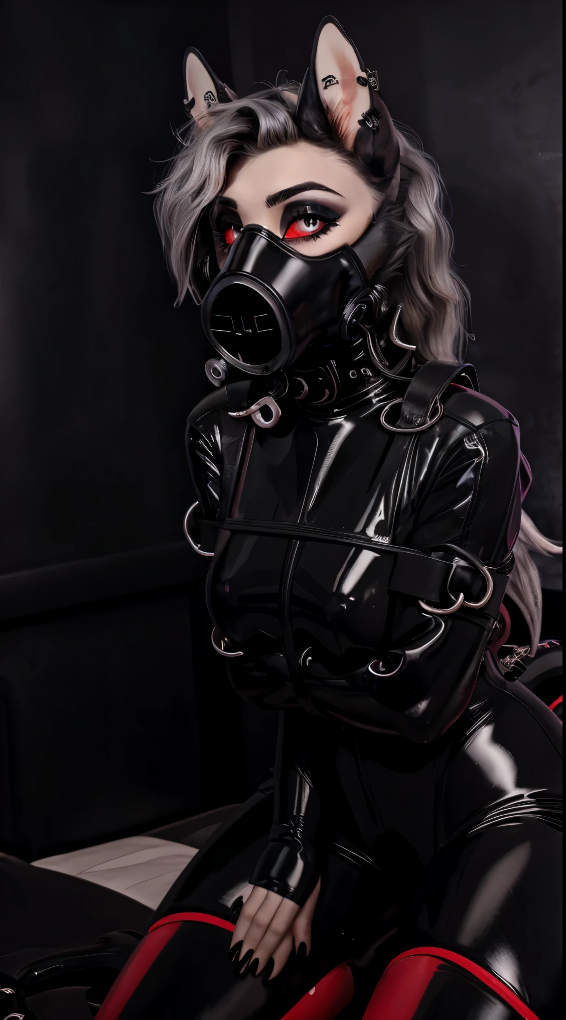 Solo, female, latex, rubber, Naga, black latex suit, gigantic tail, black rubber, Loona, medical examination room, looking at viewer, wearing gas mask, gas mask covers face so that only eyes and ears and hair is visible, detailed, (feminine eyes, detailed eyes, red sclera, ultra detailed eyes), exposing penis, massive horsecock, NSFW, explicit, fuckable mouth, toy mouth, toy insert mouth,