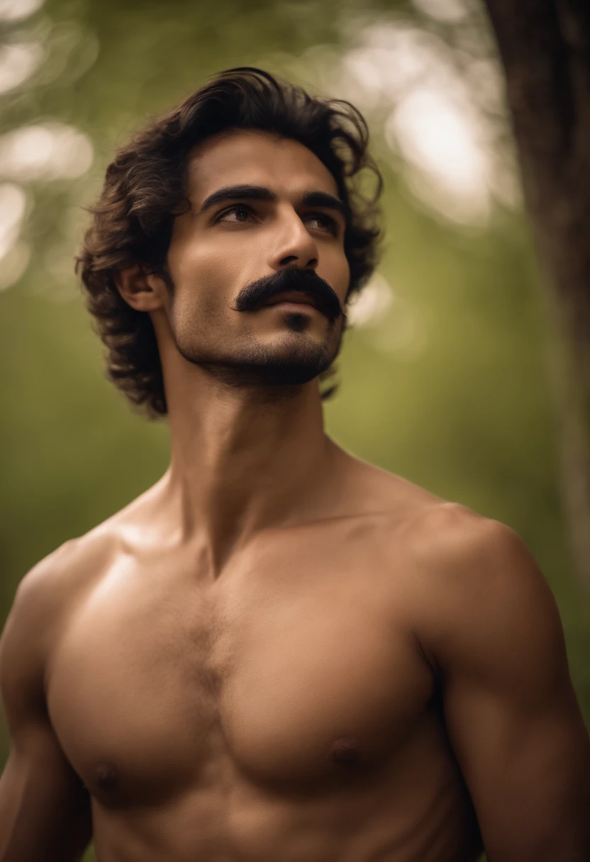 Two Handsome thin moustache Persian man brown eyes long face hairy chest shirtless underwear happy in nature short hair showing arms looking up beautiful eyebrows 