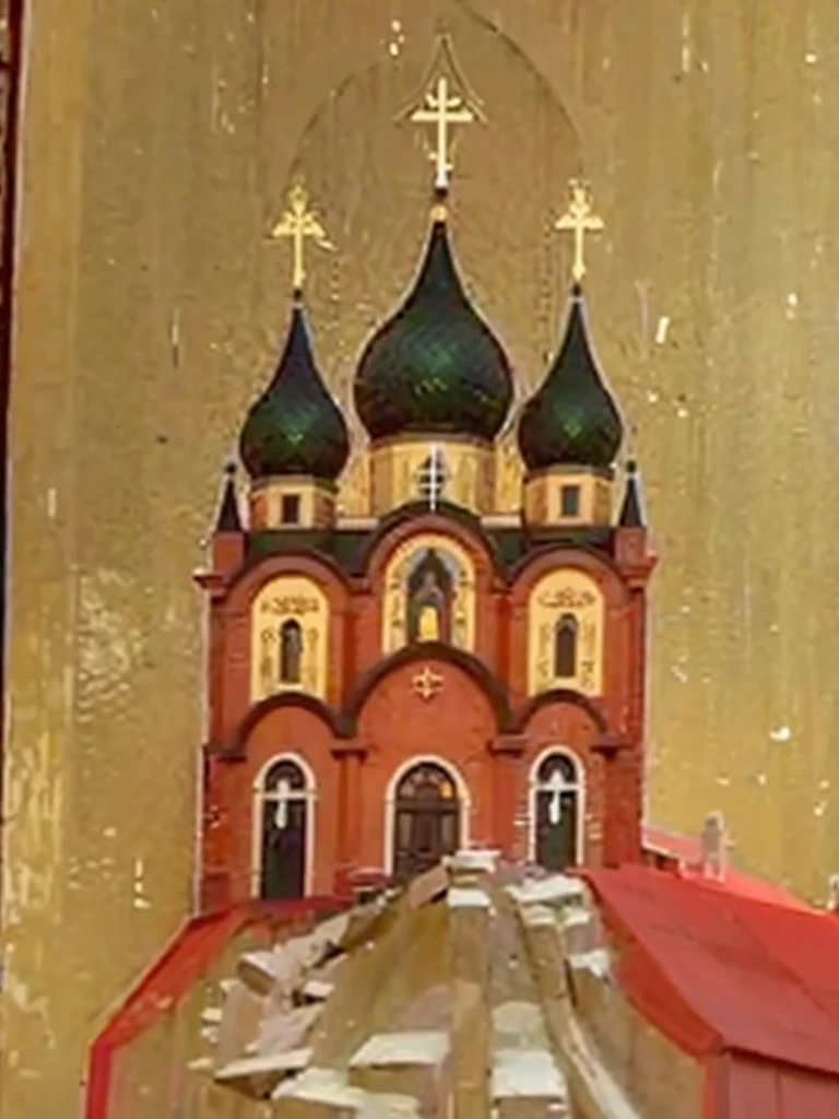 picture of a church with a red roof and green spiers, holy iconography, inspired by Andrey Rublev, orthodox icon, orthodox icon neo-gothic, Russian temple, Russian, by Andrei Rublev, Medium detail, orthodox icons, Ecclesiastical painting, orthodox saint, orthodox, by Serhii Vasylkivsky, Byzantine painting, 8 k))