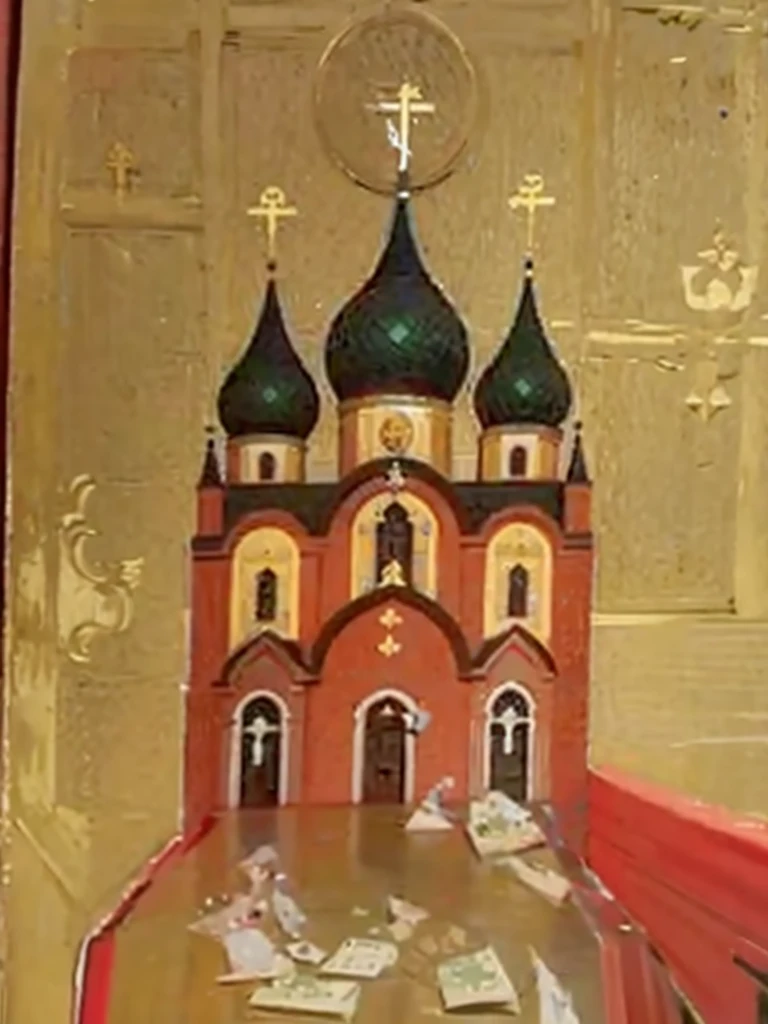 picture of a church with a red roof and green spiers, holy iconography, inspired by Andrey Rublev, orthodox icon, orthodox icon neo-gothic, Russian temple, Russian, by Andrei Rublev, Medium detail, orthodox icons, Ecclesiastical painting, orthodox saint, orthodox, by Serhii Vasylkivsky, Byzantine painting, 8 k))
