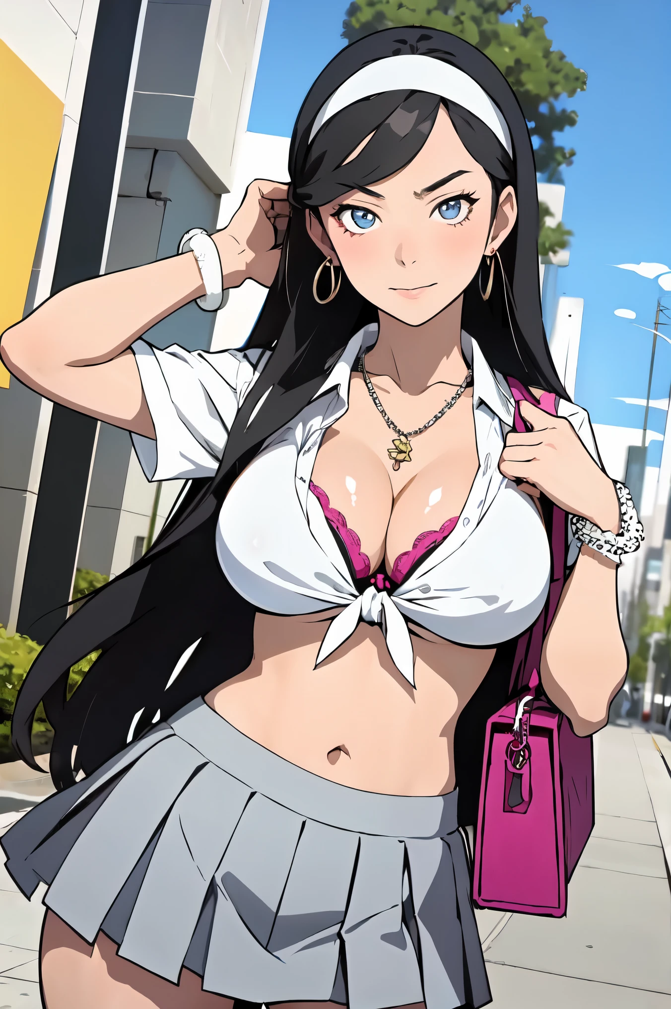 masterpiece, best quality, kumashiro maya, 1girl, solo, breasts, cleavage, long hair, white headband, parted bangs, blue eyes, looking at viewer, sweat, large breasts, collared shirt, tied shirt, pleated skirt, flashy gyaru, happy, showy,too many accessories, colorful , kogal, kogal gyaru, necklace, earrings, bracelet, bra handbag, navel, midriff, (makeup)