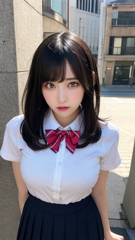 muste piece, best quality, illustration, Super detailed, fine details, High resolution, 8K,wall paper, perfect dynamic composition, beautiful detailed eyes, (collared shirt:1.1), bowtie,pleated skirt, big breasts, short bob hair、black hair color,Big Natural Color Lip, bold sexy pose,crying a little、cold gaze,Harajuku style、20 year old girl、cute type、lolita、(good eyes)