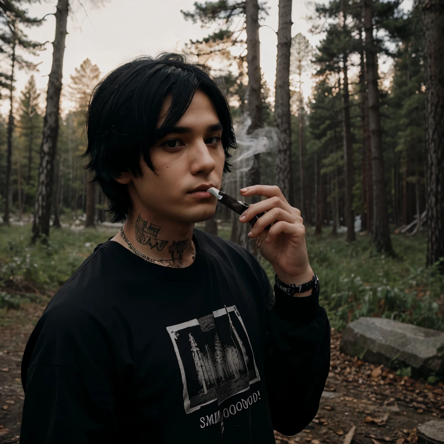 man,(Emo) smoking,(black woods shirt),(black hair)