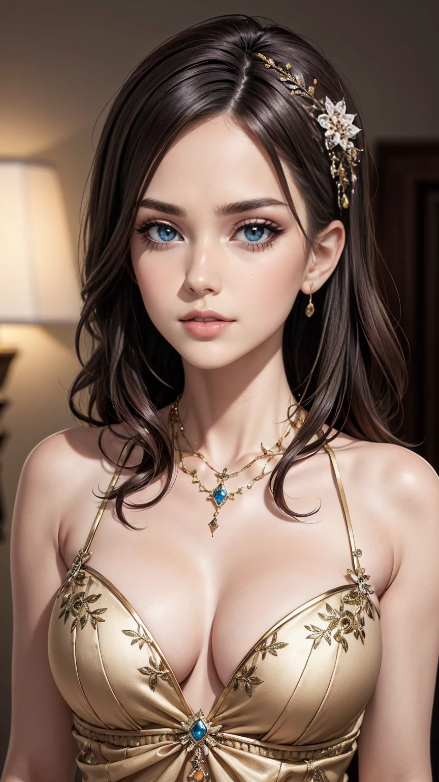 Arabian woman wearing a sari and a necklace, Complex set, Jeweled, Wearing something complicated, Elaborate jewellery, with Intricate details, Complicated costumes, Wearing elegant jewelry, Intricate details. from the front, Black Jewelry, Elaborate jewelry, high Intricate details, Hand Jewelry Model Photos, Close-up portrait, Complex beauty, Exquisite Jewelry, side view Intricate details