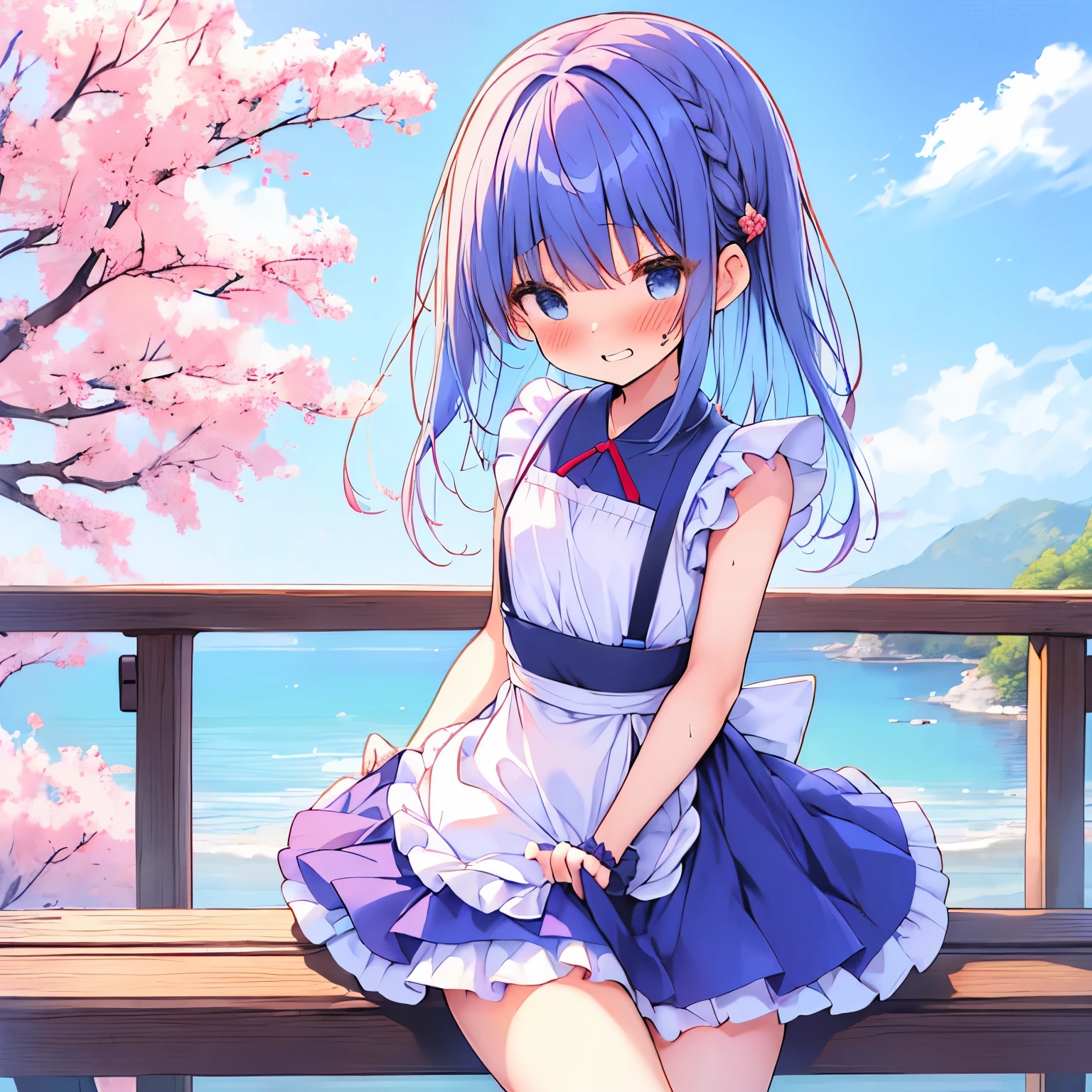 ((日本人のgirl1人、aldult)), ( petite)), twin tailasterpiece, 最high quality, high quality, Highly detailed 8K wallpaper,riverbank、promenade、Blue hair、Tropics、intense heat、heavy breathing、Breathing、Sweat、cute girls、Cute Japanese maid、Kappogi、ruffle apron、dynamic pose、Pick up the skirt、(thin、small mouth、kissing face)、small breasts、waiting for a kiss、No correction、(girl、Classmate、squid belly、Kappogi)、（No underwear）、beautiful flat chest、（激しいSweat）、(female primary school student、Cute Armpits、Before menarche、cute thighs、cute pants）、（Stroking the stomach:1.2）、(embarrassed face、grinning face）、（On a date、Sit on the railing）、（slouch）、Life-size、in front of the camera、Inner thigh sitting、Skirt flipping、breeze