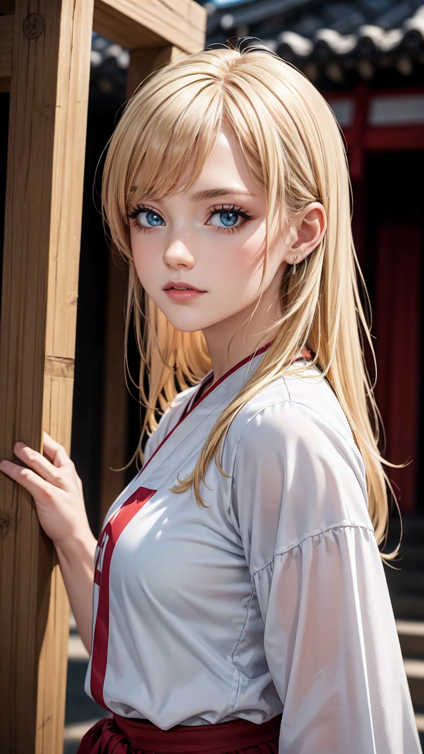 blonde hair, gradient hair, hair over shoulder, hair behind ear, longeyelashes, light smile, Surrealism, depth of field, atmospheric perspective, foreshortening, UHD, anatomically correct, highres, 16k、
((最high quality, 8K, masterpiece: 1.3, Ultra HD, high quality, 最high quality, High resolution, realism)) 、(high color saturation:1.0), (highly detailed skin), (最high quality:1.0), (超High resolution:1.0) ,(realistic:1.0), (Super detailed:1.0), (8K, Raw photo:1.1), slender、Slender, muscular body that's toned like an athlete's、I don't want my head to disappear from the screen.、25 year old white woman、platinum blonde、blue eyes、long hair、hair above one eye、smile、On the approach to a Japanese shrine、She is a shrine maiden.、Sweeping the grounds with a bamboo broom、Grinning ((light smile)