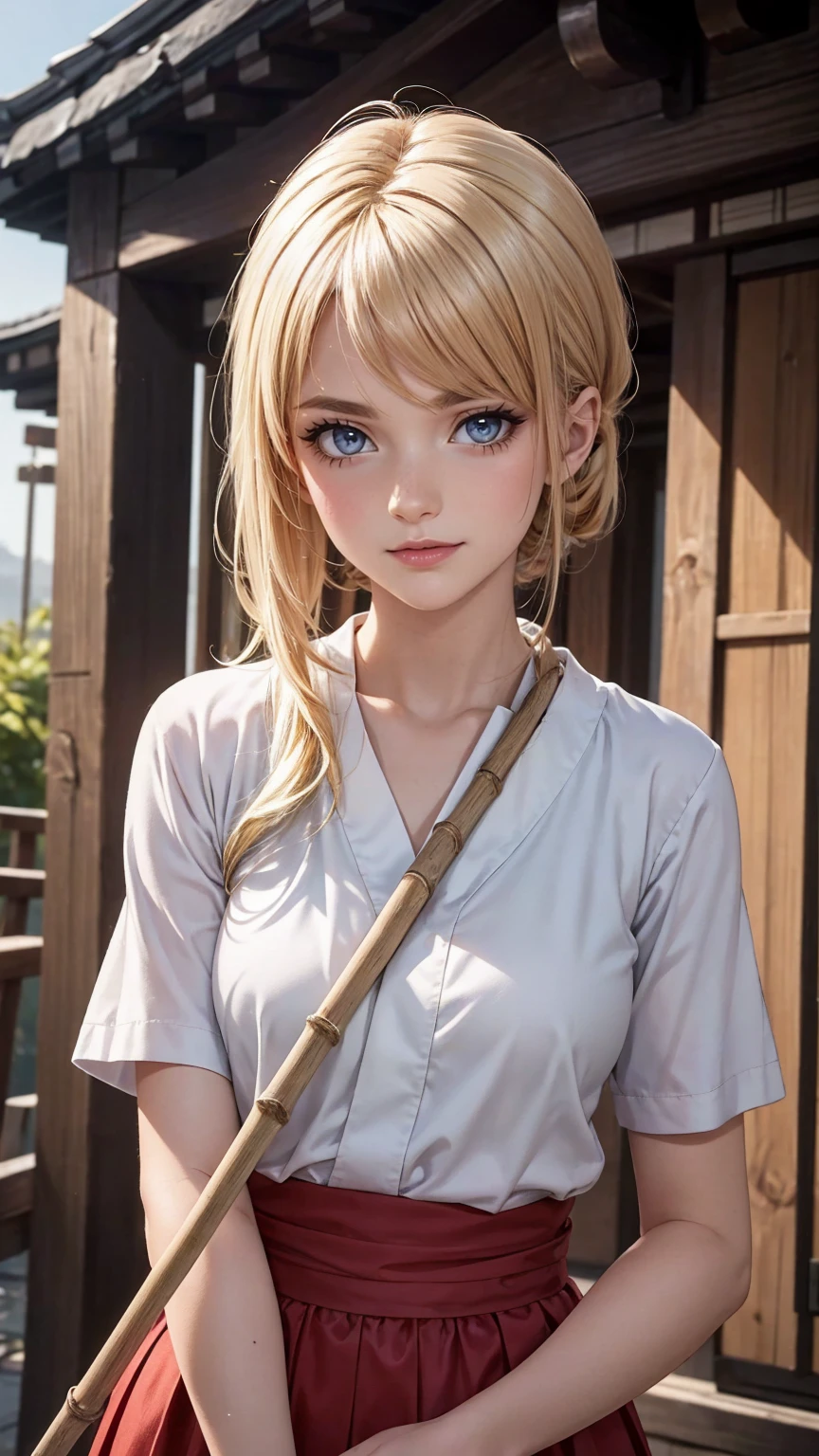 blonde hair, gradient hair, hair over shoulder, hair behind ear, longeyelashes, light smile, Surrealism, depth of field, atmospheric perspective, foreshortening, UHD, anatomically correct, highres, 16k、
((最high quality, 8K, masterpiece: 1.3, Ultra HD, high quality, 最high quality, High resolution, realism)) 、(high color saturation:1.0), (highly detailed skin), (最high quality:1.0), (超High resolution:1.0) ,(realistic:1.0), (Super detailed:1.0), (8K, Raw photo:1.1), slender、Slender, muscular body that's toned like an athlete's、I don't want my head to disappear from the screen.、25 year old white woman、platinum blonde、blue eyes、long hair、hair above one eye、smile、On the approach to a Japanese shrine、She is a shrine maiden.、Sweeping the grounds with a bamboo broom、Grinning ((light smile)
