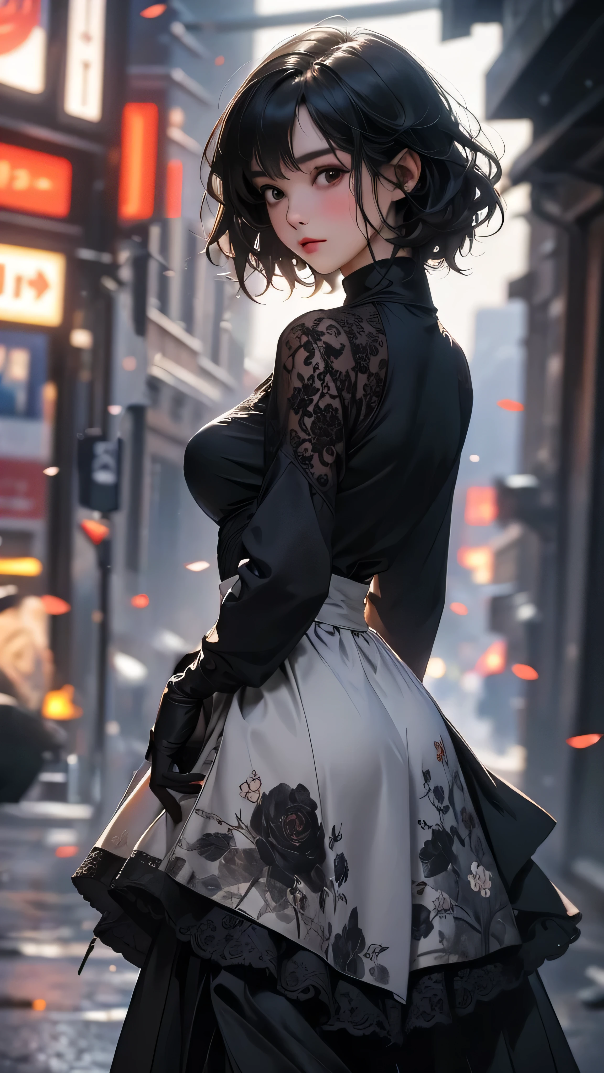 ((Highly detailed CG unit 8k wallpaper, masterpiece, High resolution, highest quality)), (upper body focus:1.5, Fashion pose with hands in pockets:1.5, A cool NY fashion girl influenced by nostalgic and inorganic mode fashion., detailed costume:1.4, Intricately embroidered outfit, Coordination of a layered black lace maxi skirt and a crew neck pullover sweater:1.3, Black lace gloves, boots, short hairstyles), (blurred background, An empty alley in New York, cobblestone road), hyper realistic, digital painting, concept art,