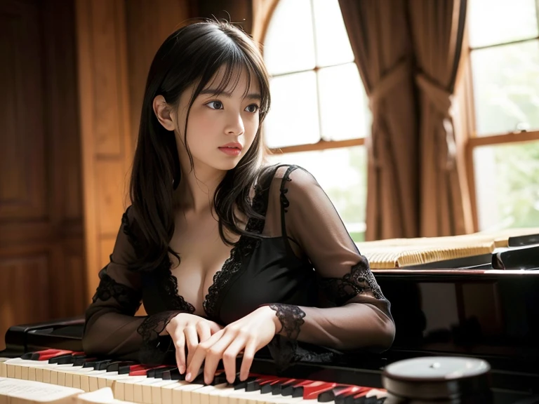 (1 girl)、best quality、masterpiece、ultra high resolution、(Photo realism:1.4)、original photo,there is a woman that is playing a pianoin a room, playing piano, piano家, pianoin the background, (客廳內1 girl面向黑色的piano、Straight, black hair、Delicate hair details)、(客廳內一部黑色piano、Girl fingers on piano keys、Delicate finger details)shadow、octane rendering、8K、Super sharp、(breast、long sleeve、White tulle、portrait、silk pajamas、Delicate silk details)、(Girl playing piano fingers、Very fine finger details) , beautiful woman, Perfectly detailed, mesmerizing and seductive, real pianos, piano, full piano, Beautiful asian girl, Serenity and elegance, Excellent composition, 