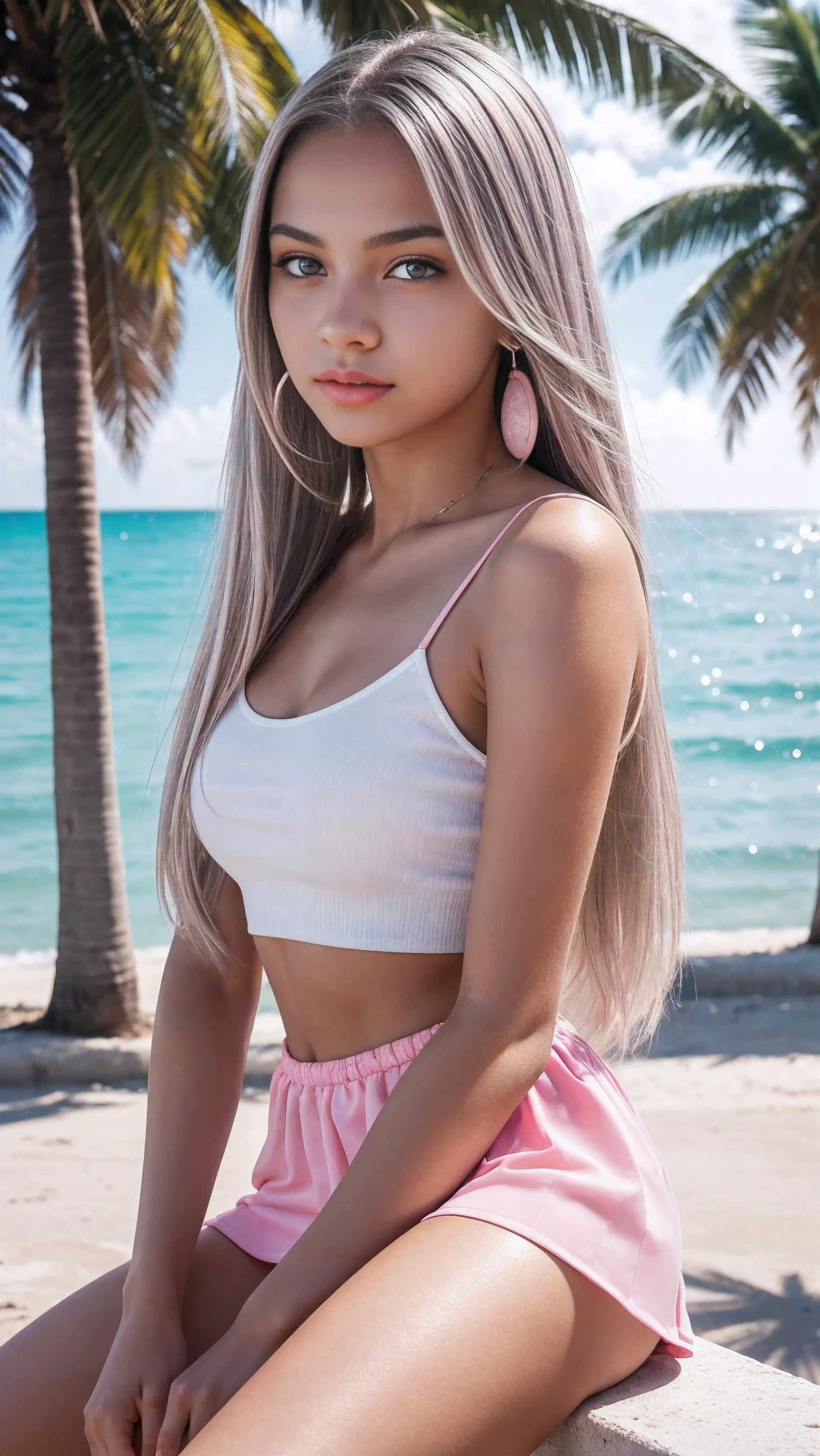 Clear facial focus, photorealistic beautiful slender girl 18 years old in a short mini skirt of white and pink color, long highlighted gray beige hair ,The girl has very long hair, heart earrings, ,beautiful expressive eyes, light bright pink lipstick with glitter on lips, girl sitting on a rubber ball, masterpiece of art, she&#39;s near the ocean, bright light, Street lights , day, trees ,palm trees, high skin detail, ultra high quality pictures ,girl in sharp focus, rules of thirds, High Saturation,