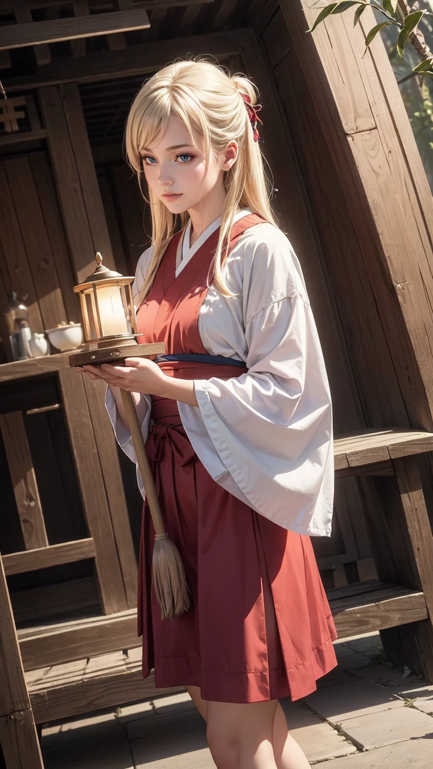 blonde hair, gradient hair, hair over shoulder, hair behind ear, longeyelashes, light smile, Surrealism, depth of field, atmospheric perspective, foreshortening, UHD, anatomically correct, highres, 16k、
((最high quality, 8K, masterpiece: 1.3, Ultra HD, high quality, 最high quality, High resolution, realism)) 、(high color saturation:1.0), (highly detailed skin), (最high quality:1.0), (超High resolution:1.0) ,(realistic:1.0), (Super detailed:1.0), (8K, Raw photo:1.1), slender、Slender, muscular body that's toned like an athlete's、I don't want my head to disappear from the screen.、25 year old white woman、platinum blonde、blue eyes、long hair、hair above one eye、smile、On the approach to a Japanese shrine、She is a shrine maiden.、Sweeping the grounds with a bamboo broom、Grinning ((light smile)