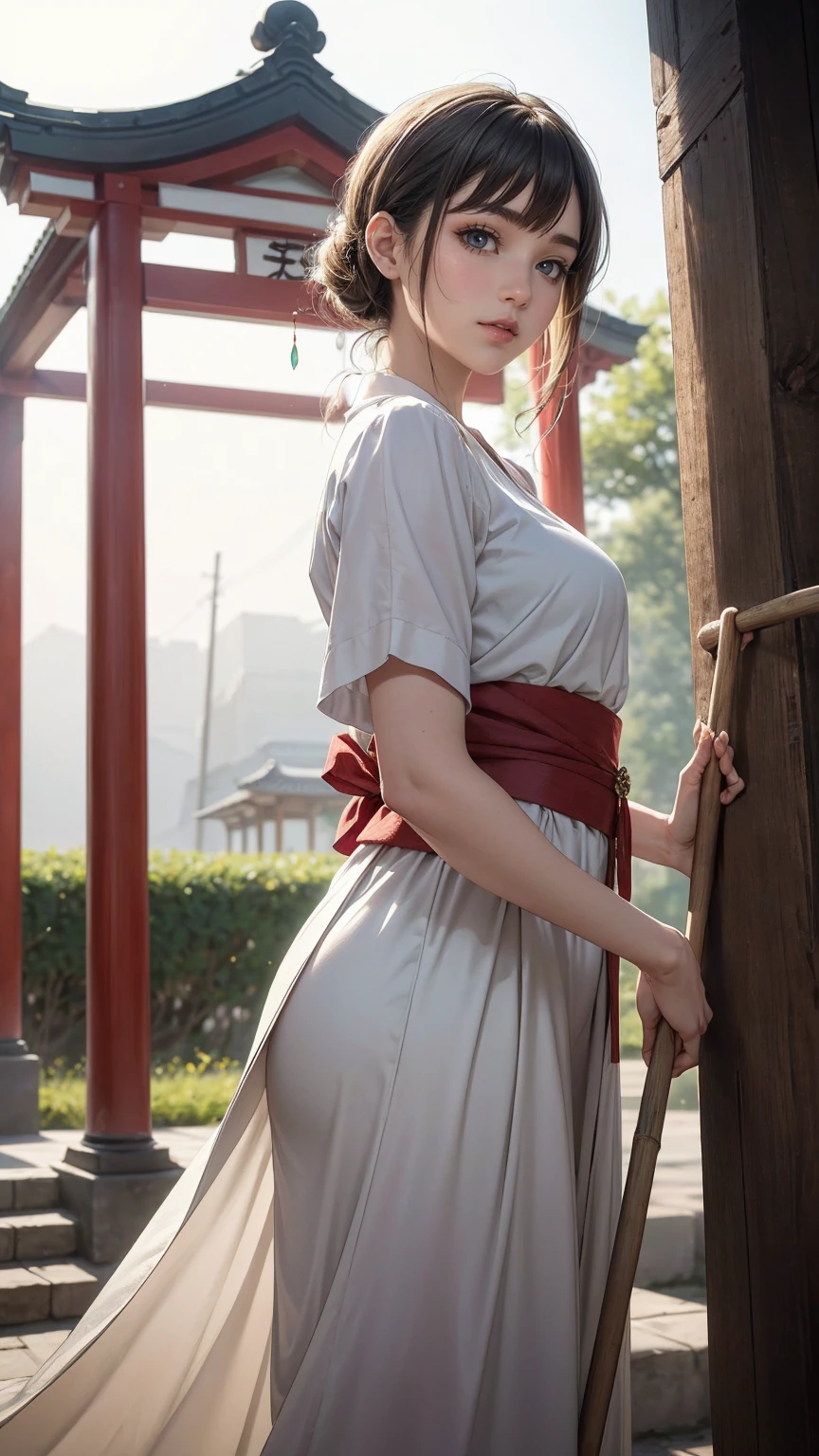 blonde hair, gradient hair, hair over shoulder, hair behind ear, longeyelashes, light smile, Surrealism, depth of field, atmospheric perspective, foreshortening, UHD, anatomically correct, highres, 16k、
((最high quality, 8K, masterpiece: 1.3, Ultra HD, high quality, 最high quality, High resolution, realism)) 、(high color saturation:1.0), (highly detailed skin), (最high quality:1.0), (超High resolution:1.0) ,(realistic:1.0), (Super detailed:1.0), (8K, Raw photo:1.1), slender、Slender, muscular body that&#39;s toned like an athlete&#39;s、I don&#39;t want my head to disappear from the screen.、25 year old white woman、platinum blonde、blue eyes、long hair、hair above one eye、smile、On the approach to a Japanese shrine、She is a shrine maiden.、Sweeping the grounds with a bamboo broom、Grinning ((light smile)
