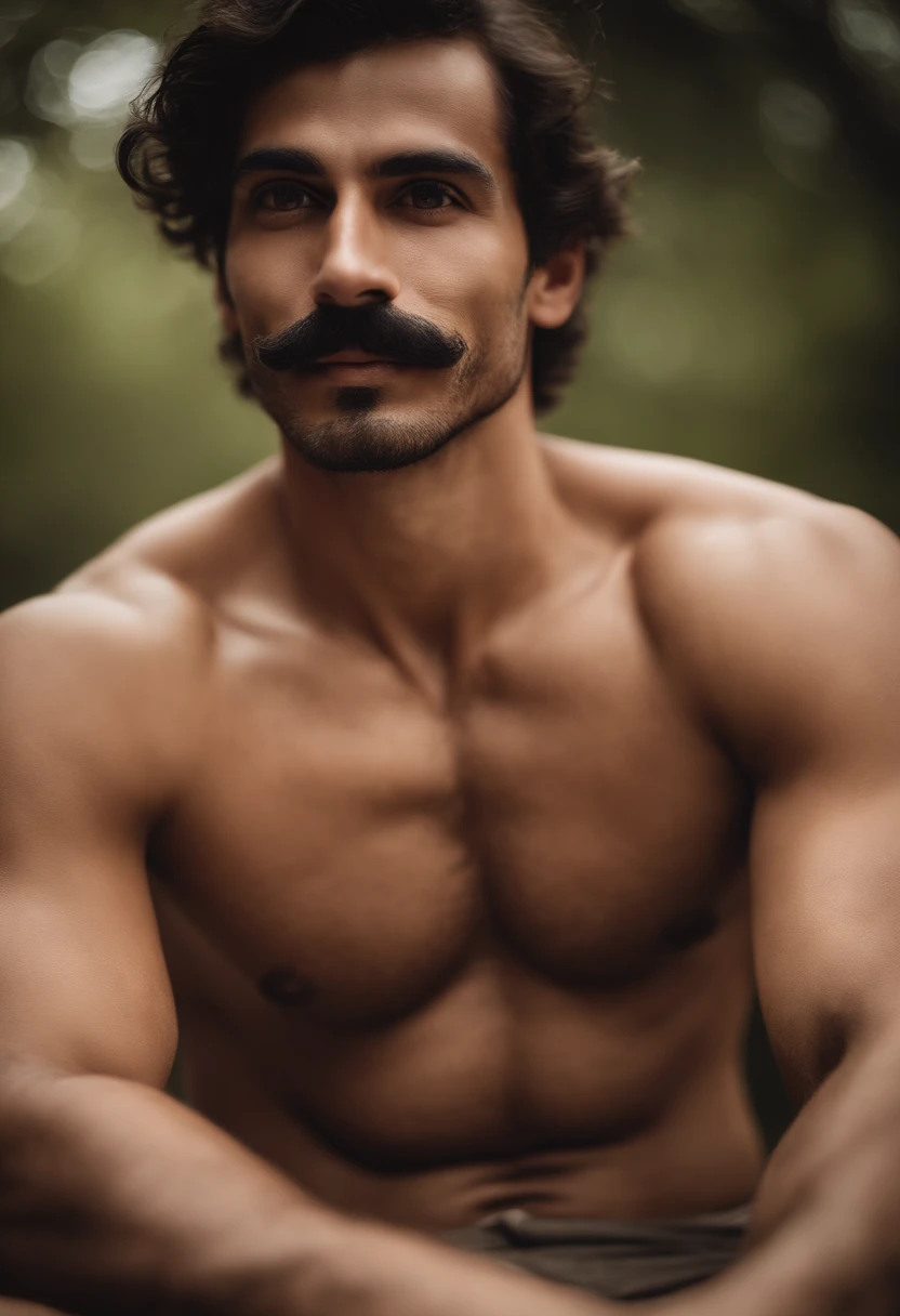 Two Handsome thin moustache Persian man brown eyes long face hairy chest shirtless underwear happy in nature short hair showing arms looking up beautiful eyebrows hugging each other