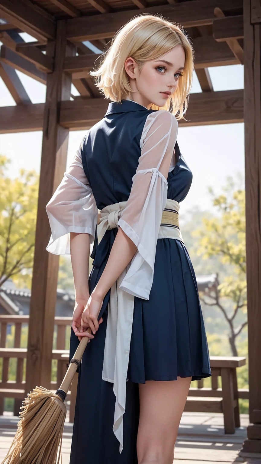 blonde hair, gradient hair, hair over shoulder, hair behind ear, longeyelashes, light smile, Surrealism, depth of field, atmospheric perspective, foreshortening, UHD, anatomically correct, highres, 16k、
((最high quality, 8K, masterpiece: 1.3, Ultra HD, high quality, 最high quality, High resolution, realism)) 、(high color saturation:1.0), (highly detailed skin), (最high quality:1.0), (超High resolution:1.0) ,(realistic:1.0), (Super detailed:1.0), (8K, Raw photo:1.1), slender、Slender, muscular body that&#39;s toned like an athlete&#39;s、I don&#39;t want my head to disappear from the screen.、25 year old white woman、platinum blonde、blue eyes、long hair、hair above one eye、smile、On the approach to a Japanese shrine、She is a shrine maiden.、Sweeping the grounds with a bamboo broom、Grinning ((light smile)