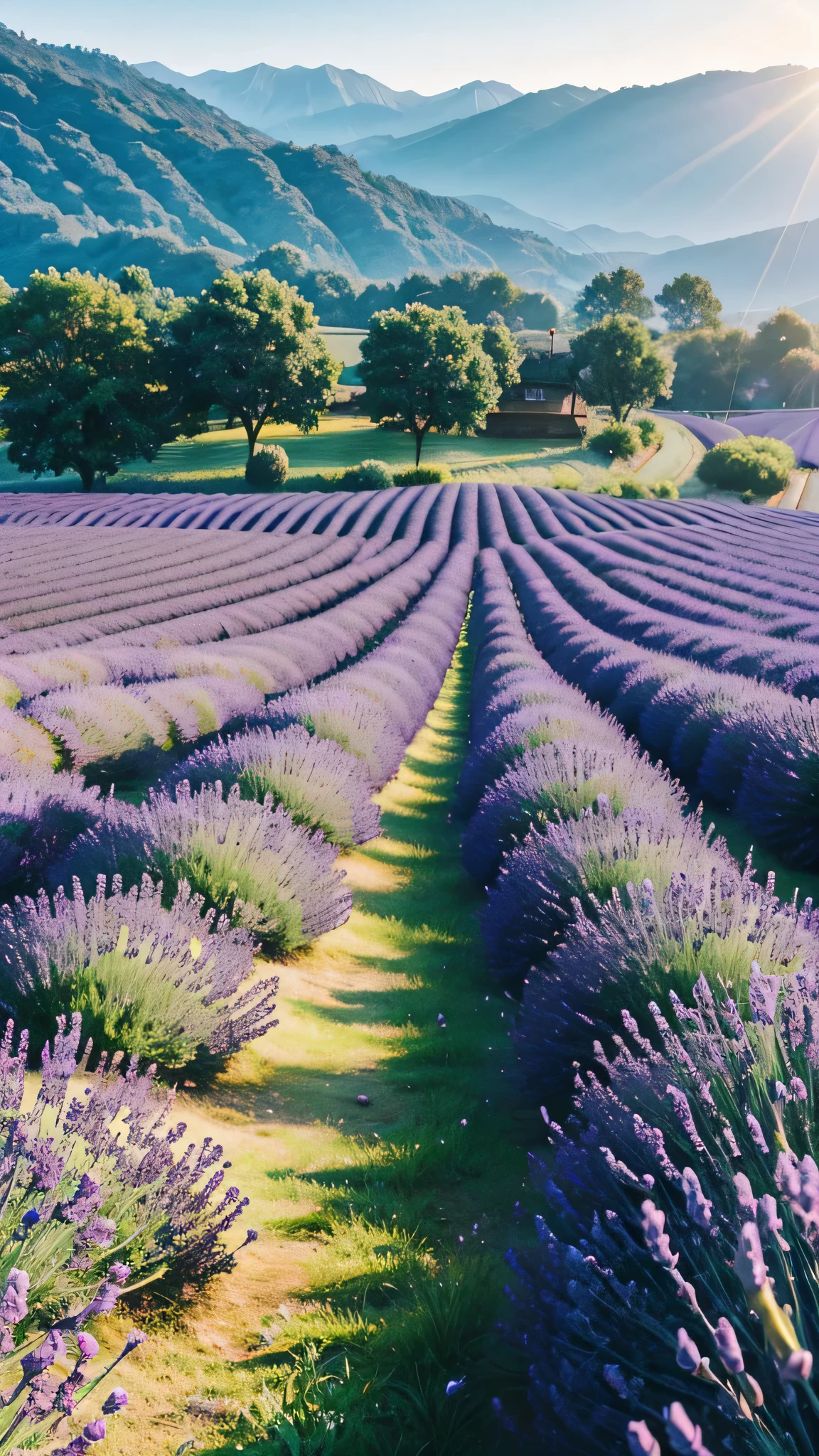 Lavender fields sparkle in the morning dew