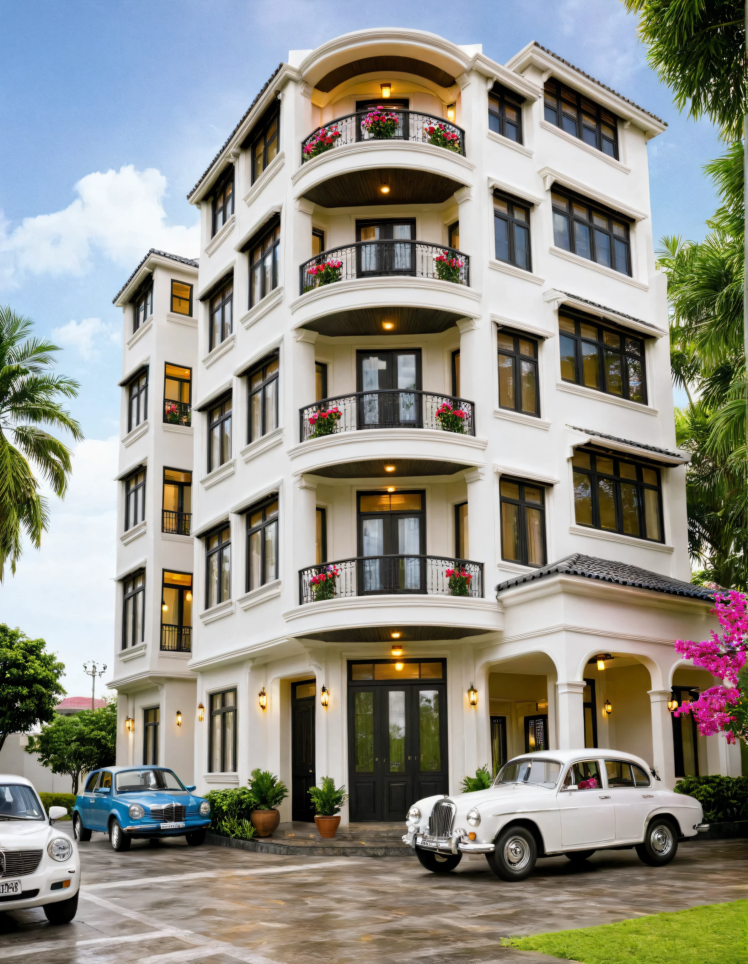 Raw photo,Masterpiece, high quality, best quality, authentic, super detail, exterior, outdoors, house style indochine, Many bougainvilleas along the road:1.3 ,aiaigroup road,pavement, grass, trees, sky, cloud, (day:1.1), vivid colour